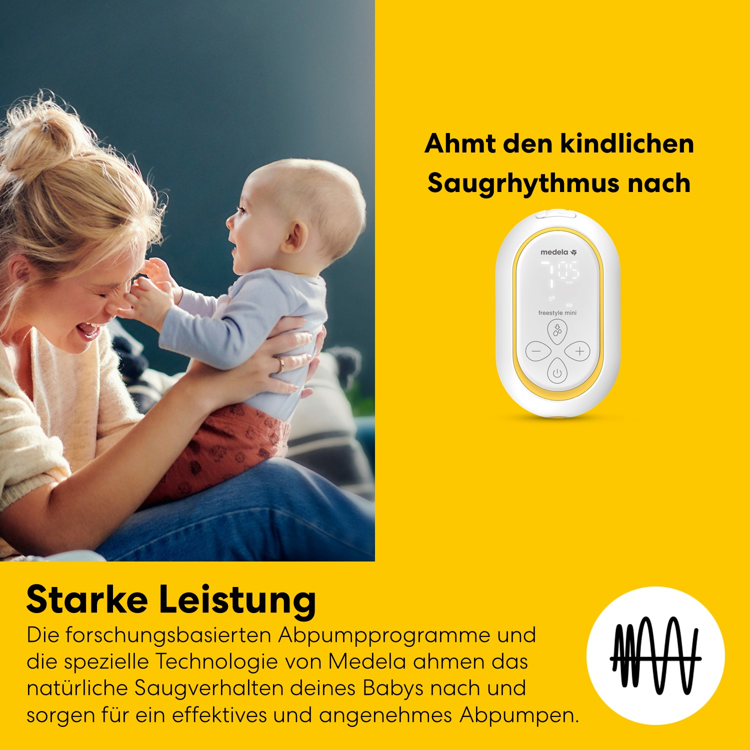 Mutter hält Baby, Medela Pumpe, Text und Grafik.