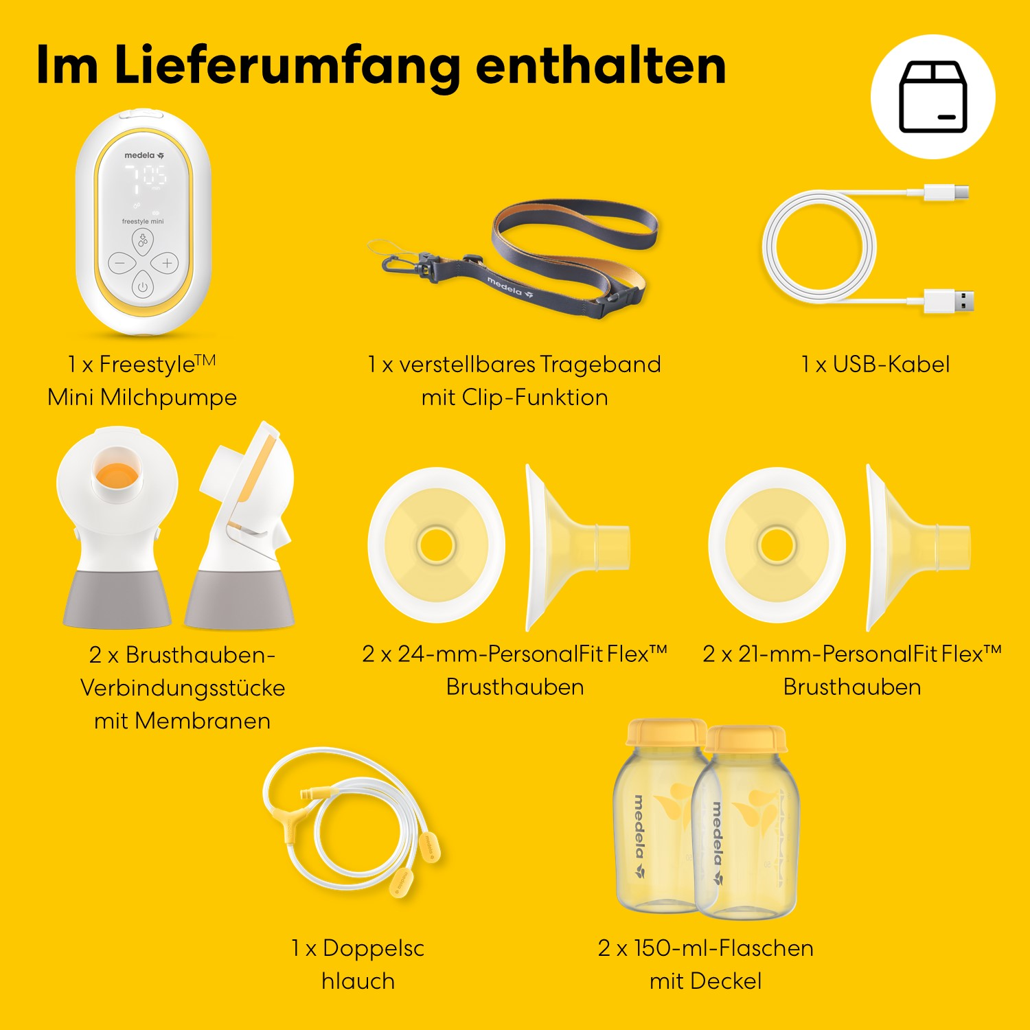 Medela Freestyle Mini Milchpumpe mit Zubehör: Trageband, USB-Kabel, Schläuche, Flaschen.
