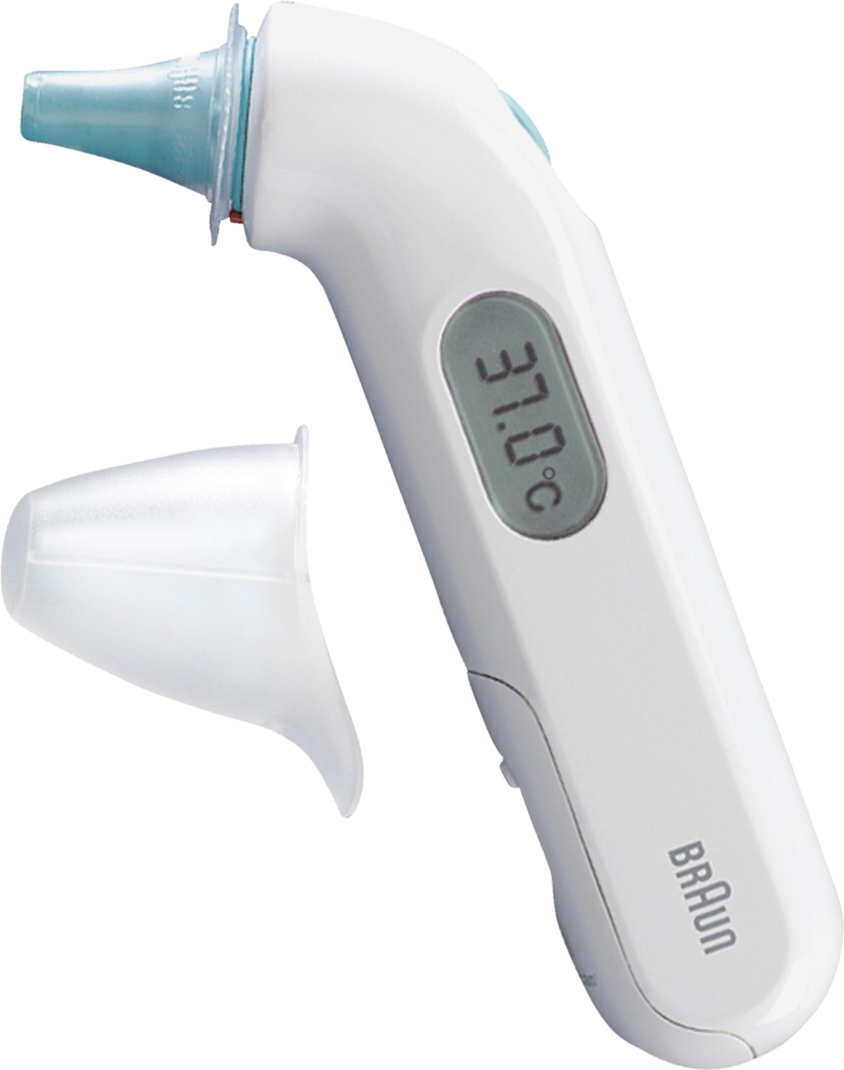 Een witte Braun thermometer met blauwe tip en digitaal display van 37.0°C.