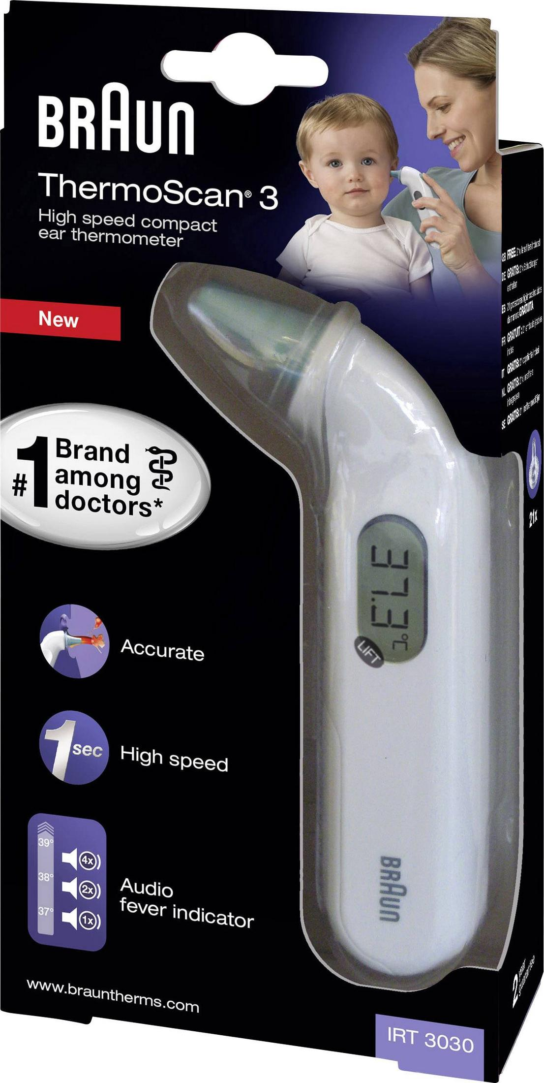 Braun ThermoScan 3 oorthermometer verpakking met baby en moeder.