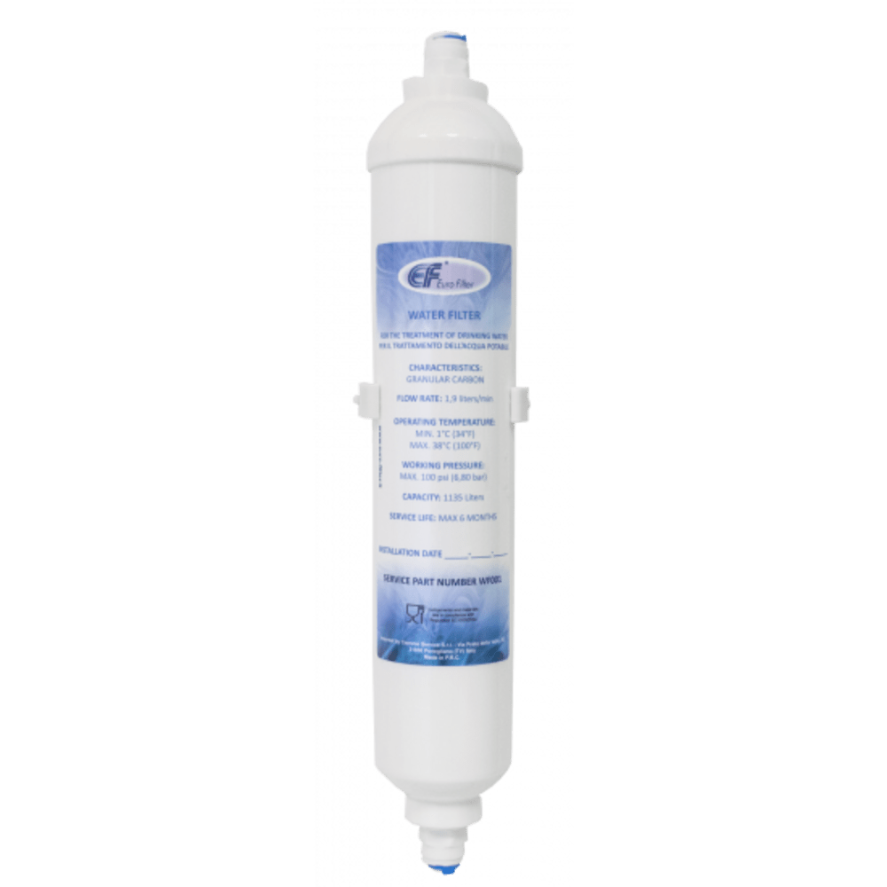 Ein weißer Wasserfilter mit blauem Etikett, der für die Wasseraufbereitung bestimmt ist.