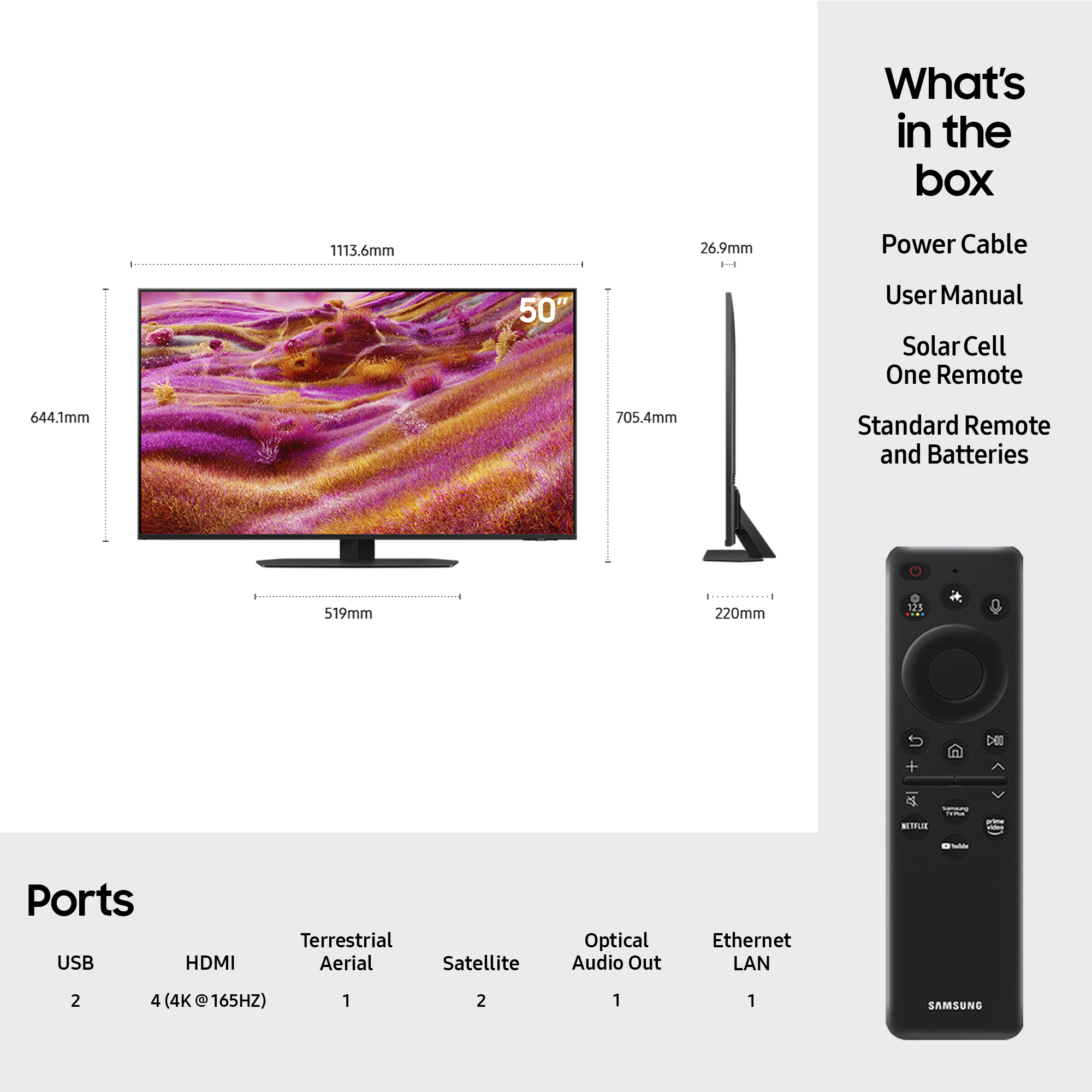 Una TV da 50 pollici con telecomando, cavi e manuale inclusi.