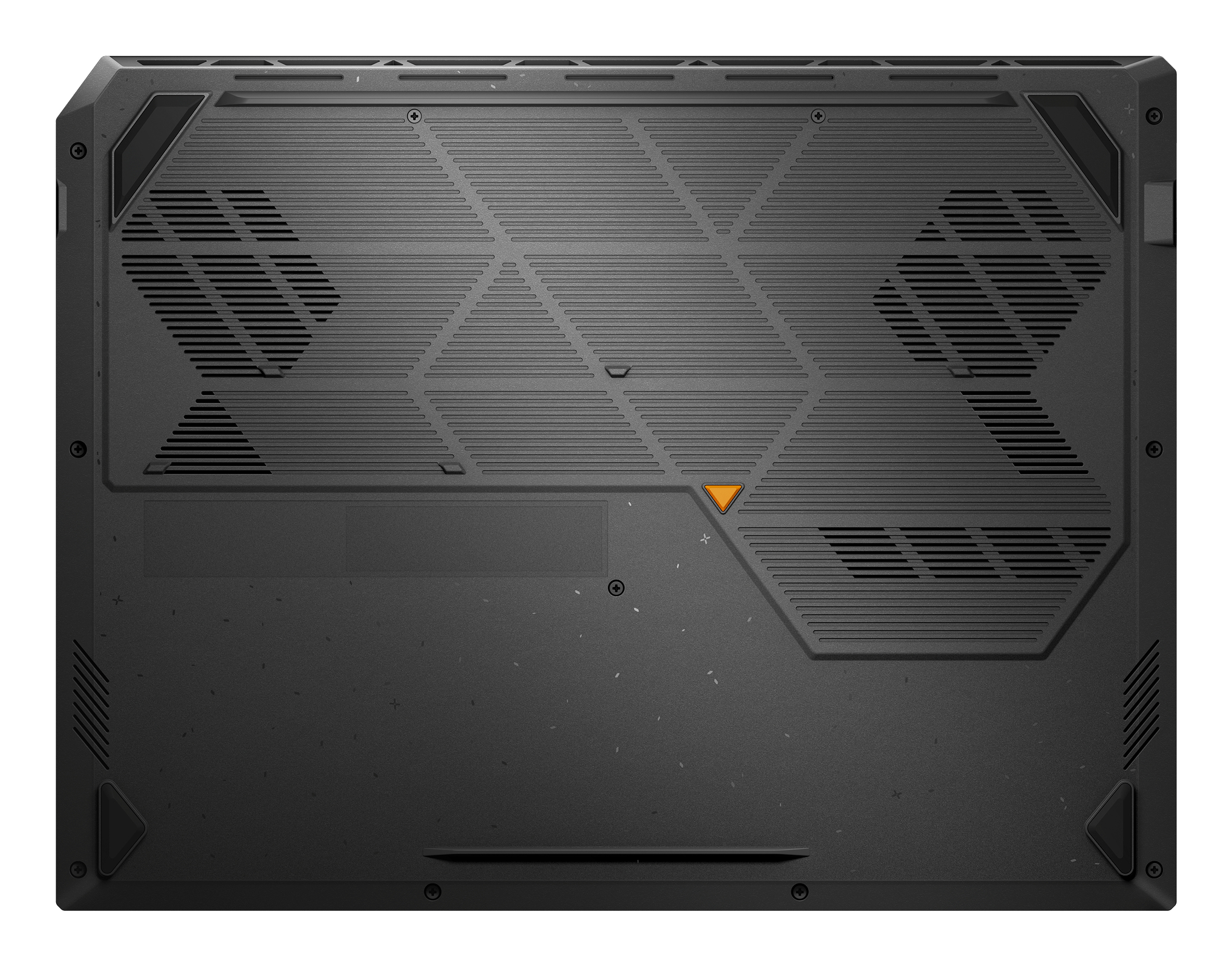 Rückseite eines schwarzen Laptops mit Lüftungsschlitzen und einem orangefarbenen Dreieck.