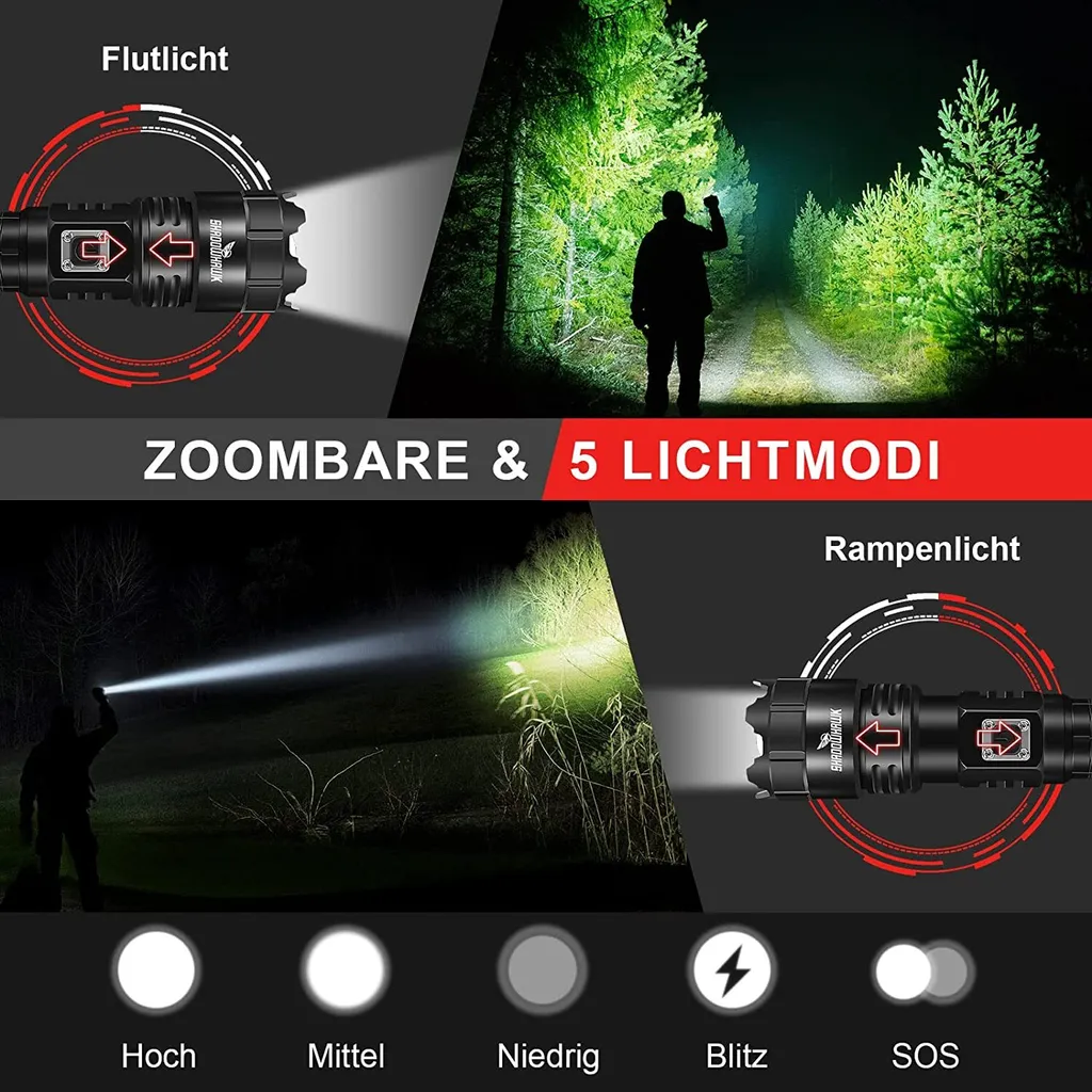 Taschenlampen mit Zoom und 5 Lichtmodi: Flutlicht, Rampenlicht, Hoch, Mittel, Niedrig, Blitz, SOS.