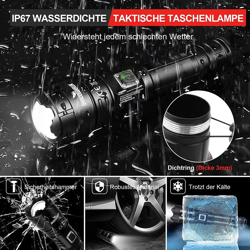 Taktische Taschenlampe im Regen mit verschiedenen Funktionen wie Sicherheitshammer.