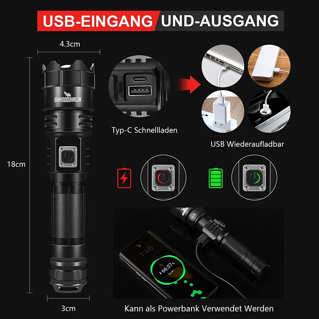 Schwarze Taschenlampe, 18cm hoch, mit USB-C-Anschluss. Kann als Powerbank dienen.
