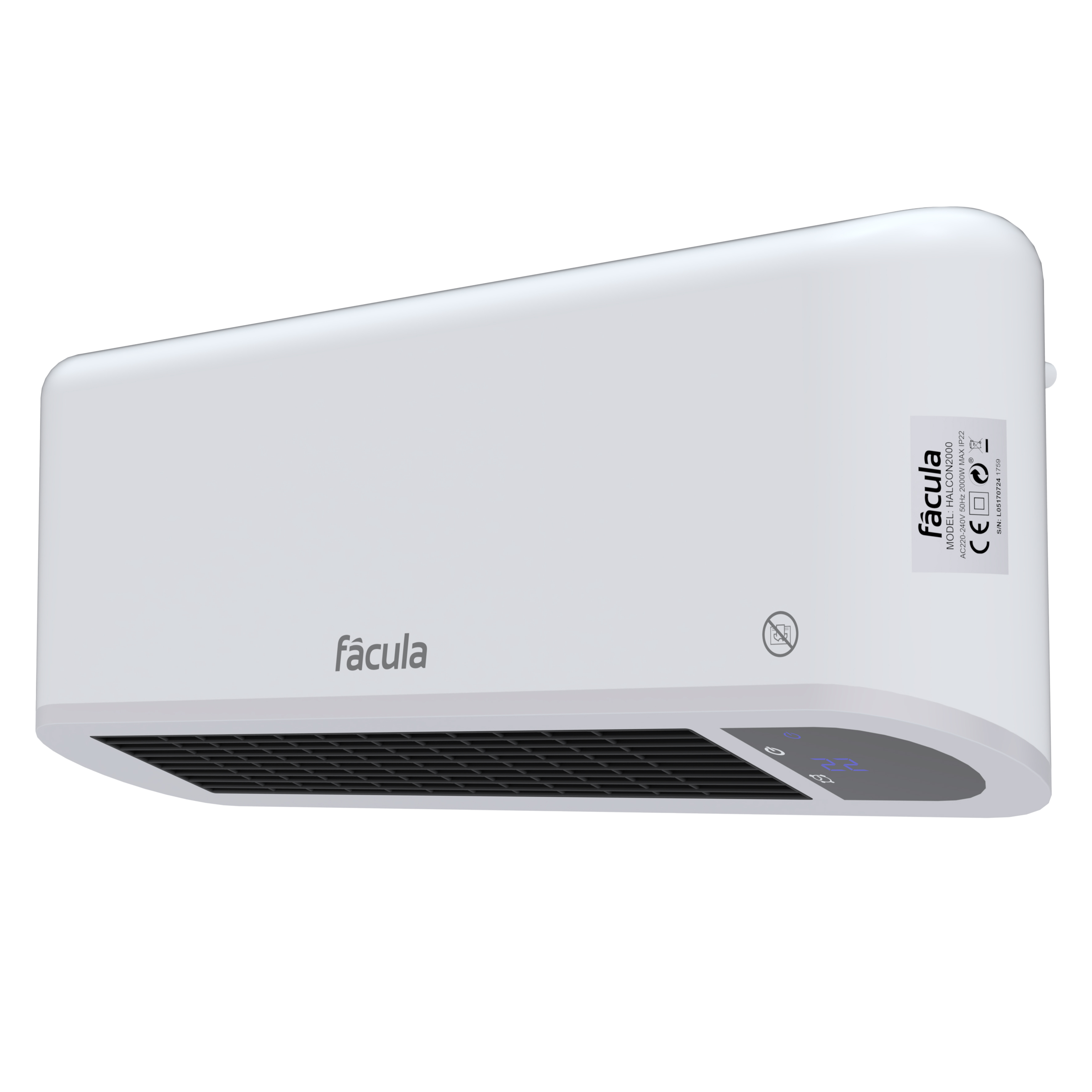 Un calentador blanco con rejilla de ventilación y pantalla digital.