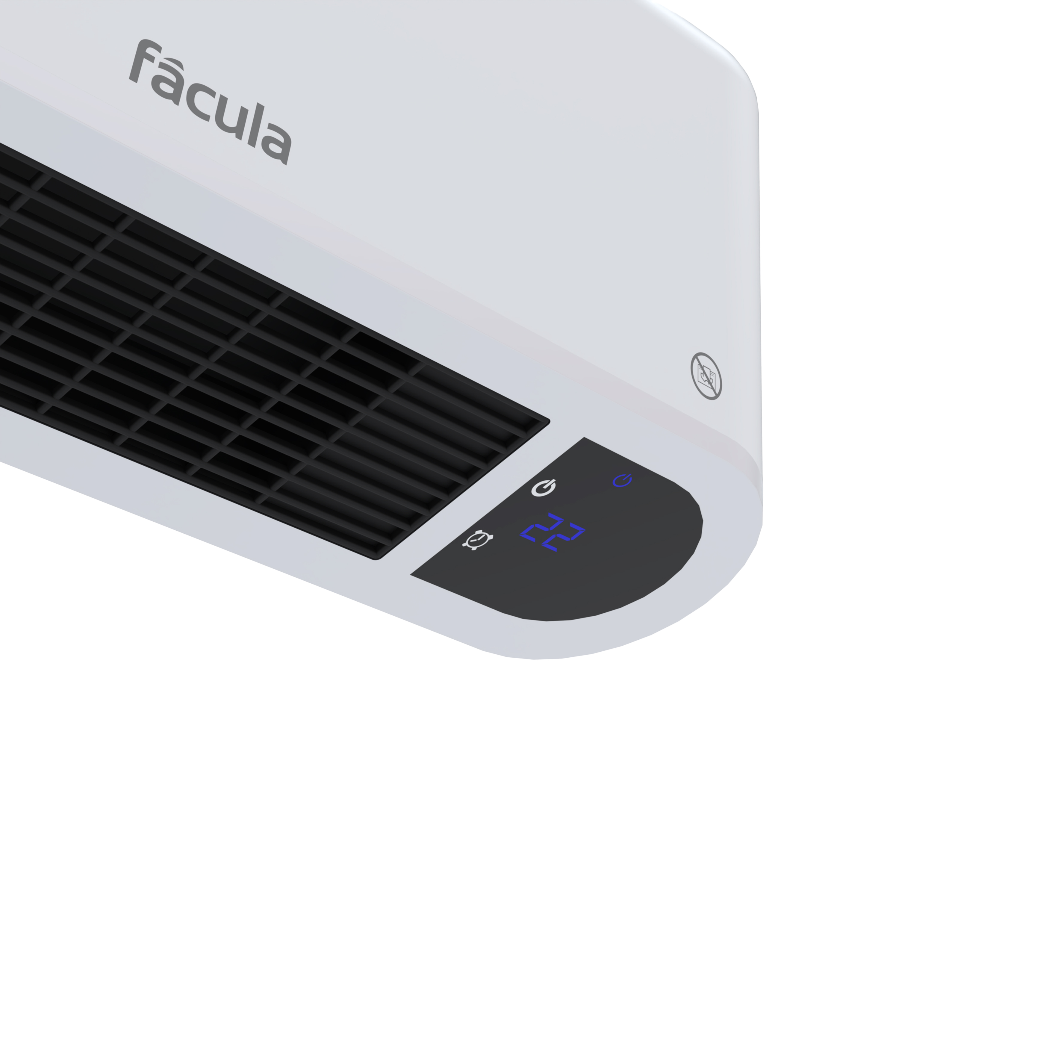 Un calefactor blanco con rejilla negra y pantalla digital mostrando 22.