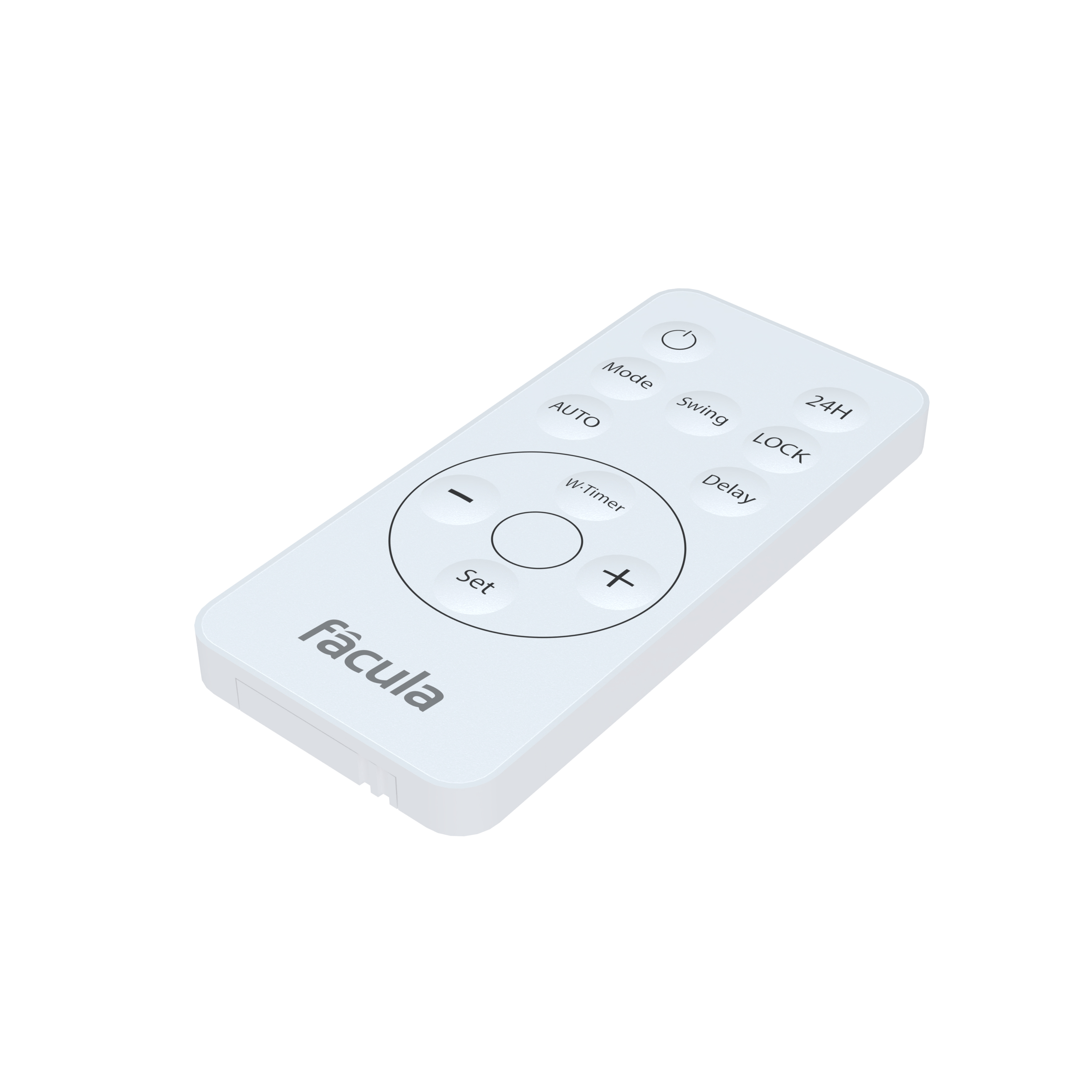 Un mando a distancia blanco con botones como Modo, Oscilación, 24H, Bloqueo, Retraso, Config.