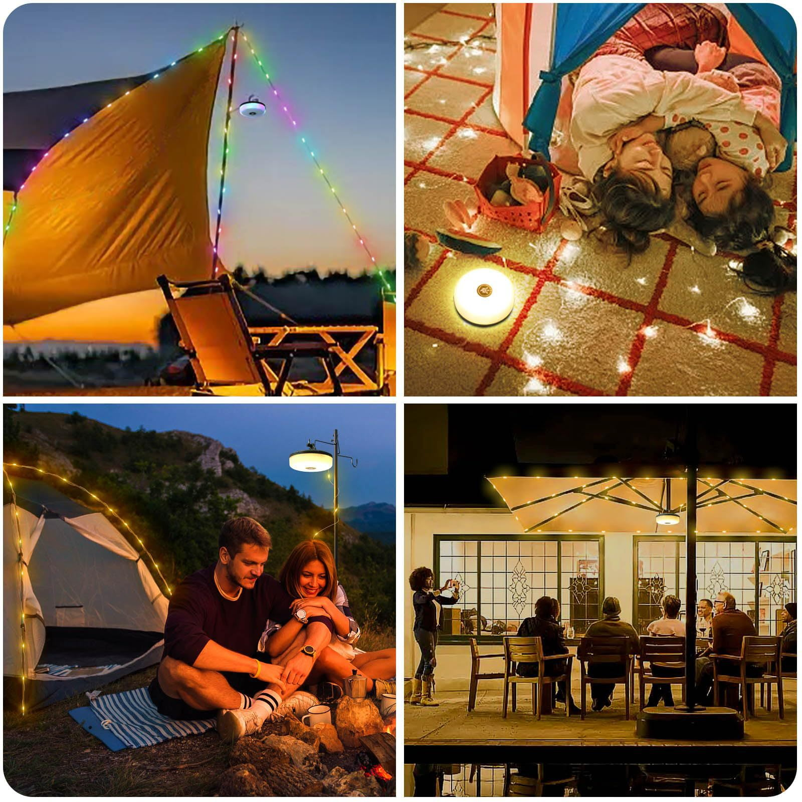 Vier Szenen von Camping und Outdoor-Beleuchtung mit Lichterketten und Laternen.