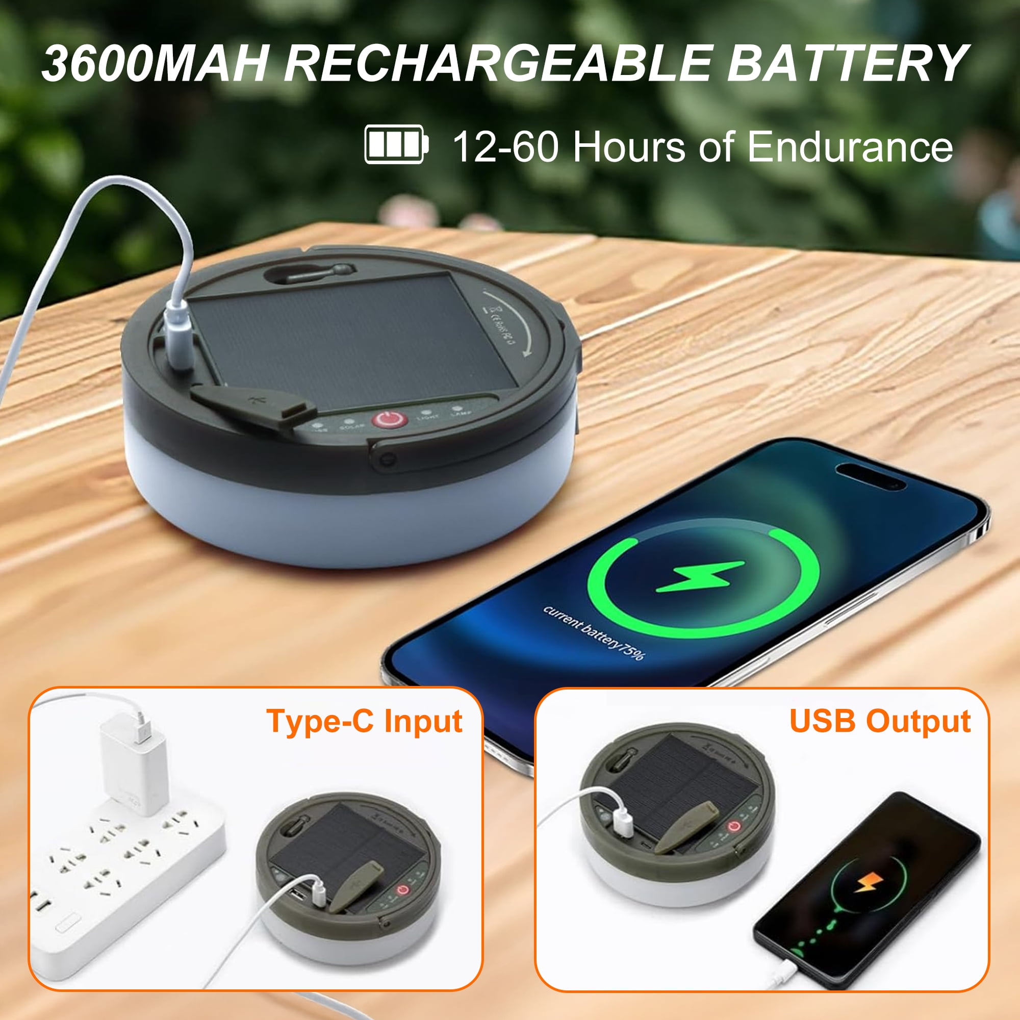 Eine wiederaufladbare Lampe mit Solarpanel und einem Smartphone, das geladen wird.