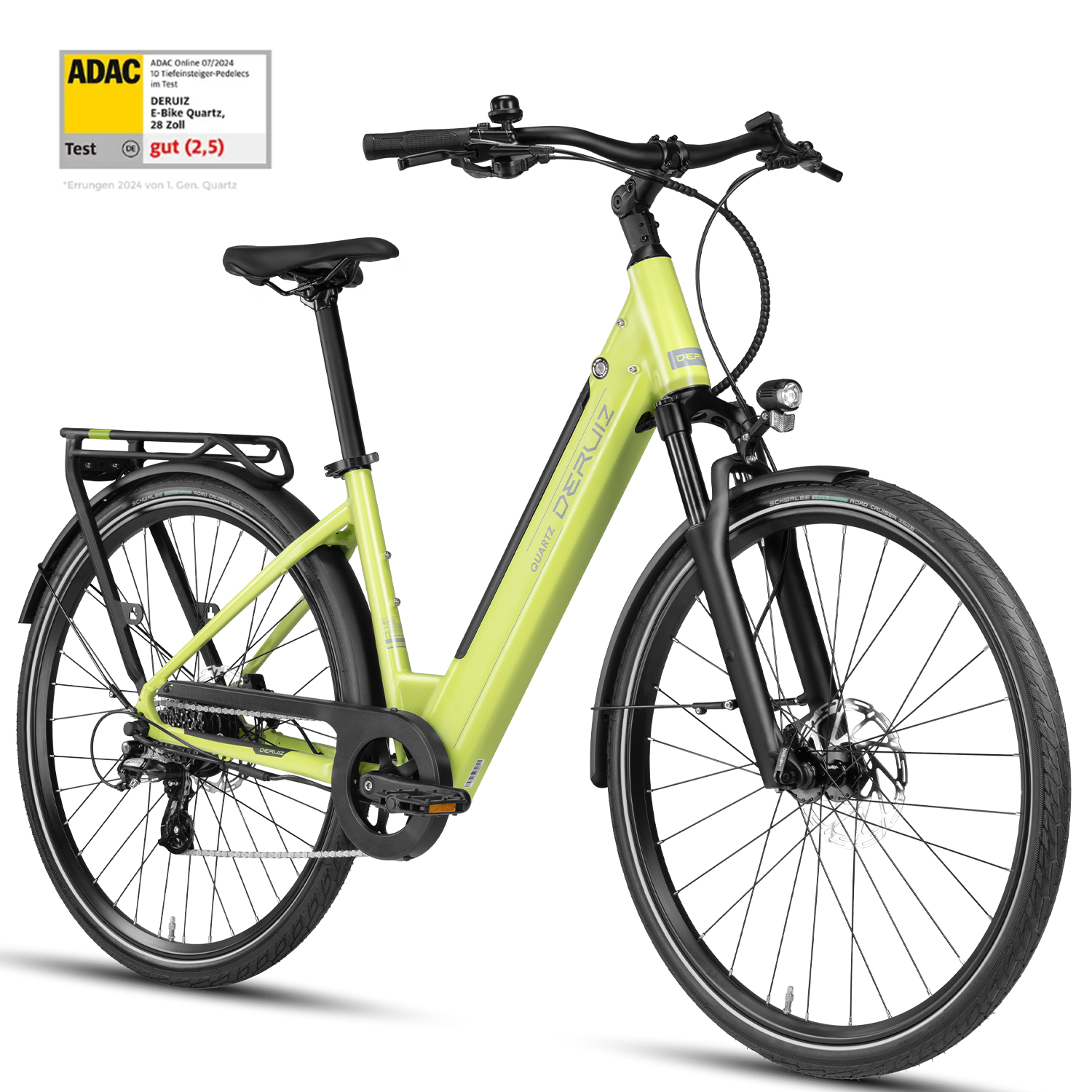 Ein hellgrünes E-Bike mit Gepäckträger, Korb und Schutzblechen.