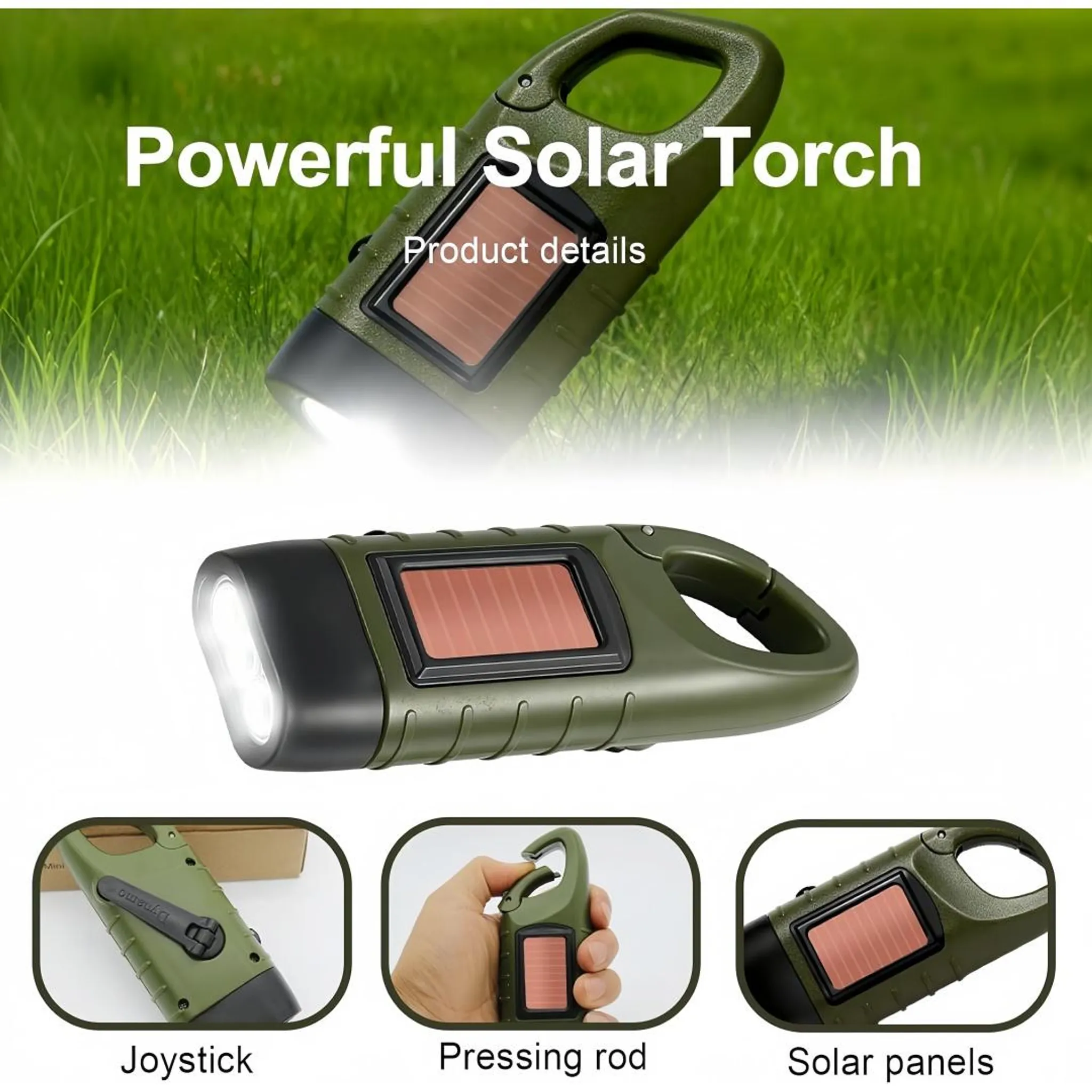 Grüne Taschenlampe mit Solarpanel, Griff und Leuchtspitze.