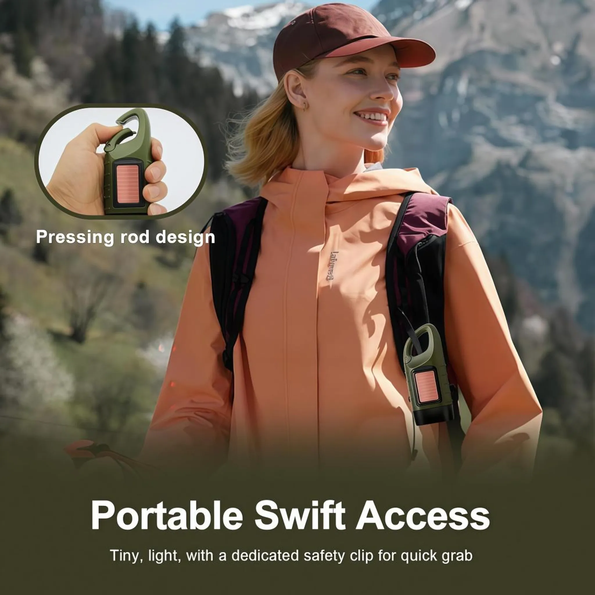 Frau in orange Jacke mit Rucksack, hält ein grünes Gerät mit Clip.