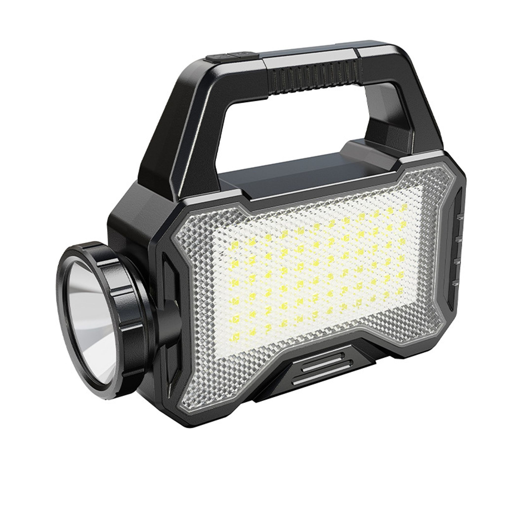 Schwarze LED-Taschenlampe mit Griff und großer Lauffläche mit vielen Lichtern.