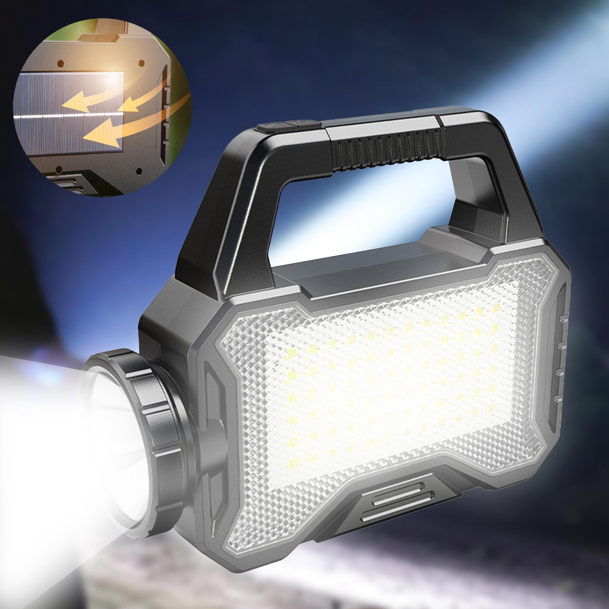 Eine schwarze Taschenlampe mit Griff leuchtet stark. Solarpanel-Detail.