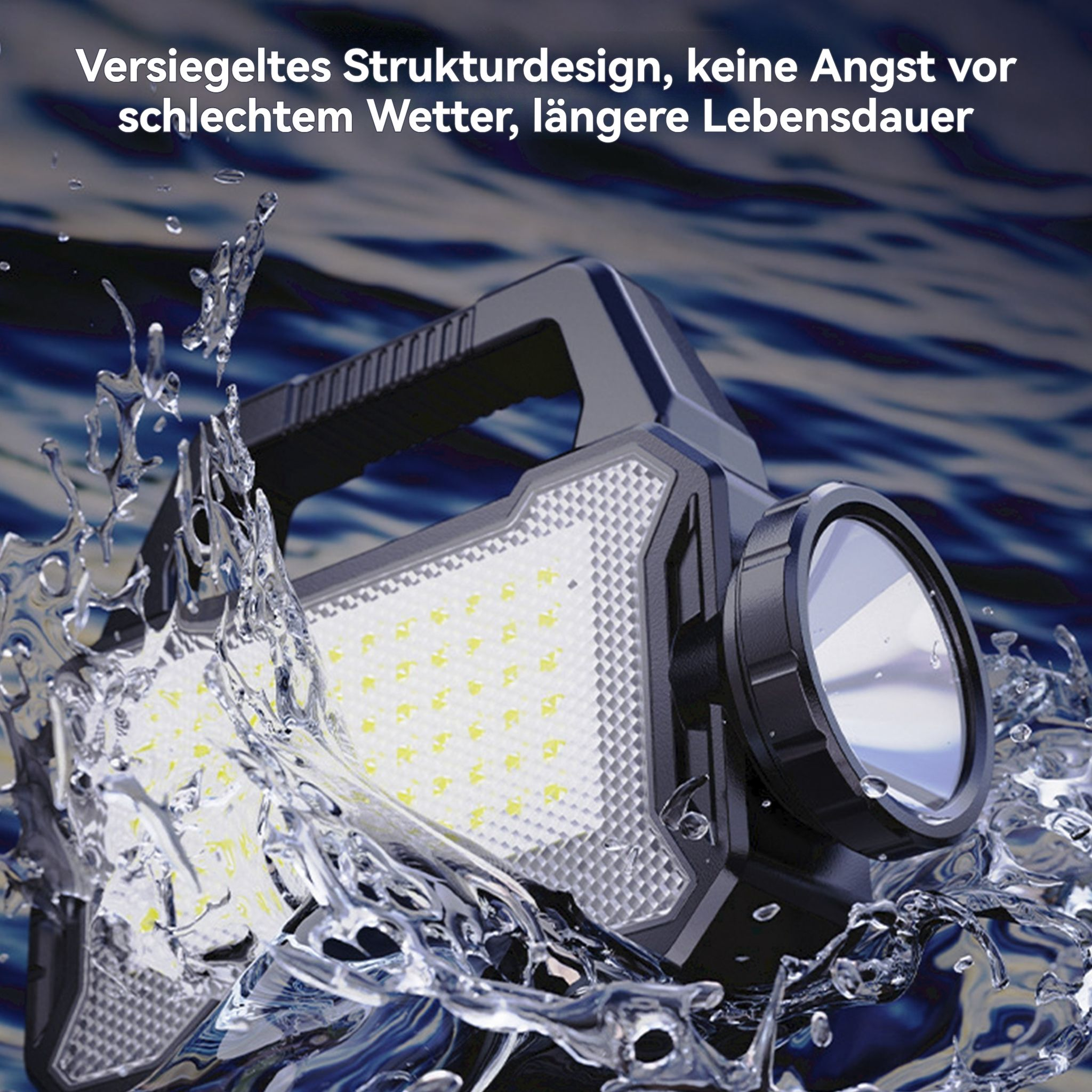 Ein wasserdichter Scheinwerfer mit LED-Leuchten, der von Wasserspritzern umgeben ist.