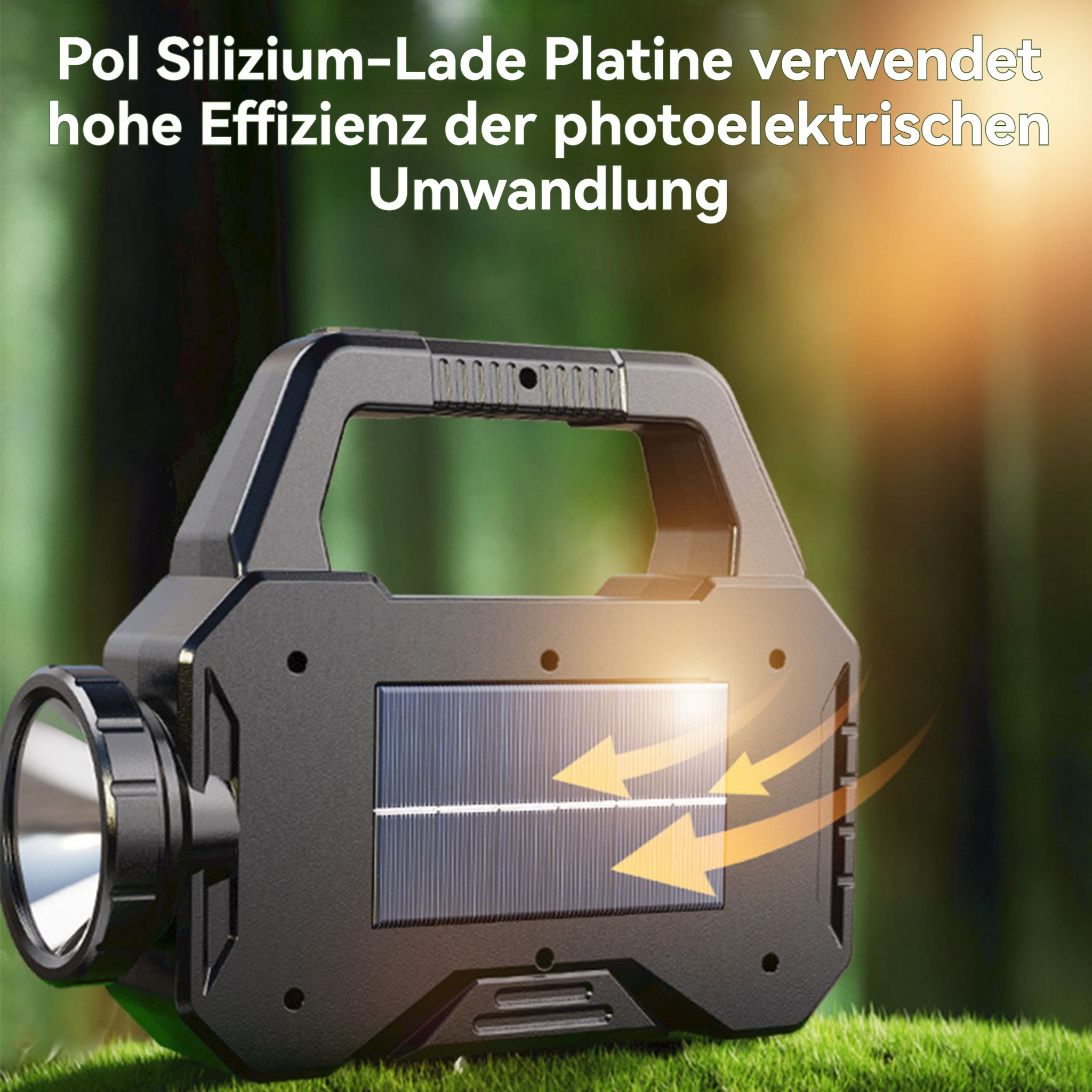 Schwarze Solarlampe mit Tragegriff auf Gras. Pfeile zeigen auf Solarpanel.