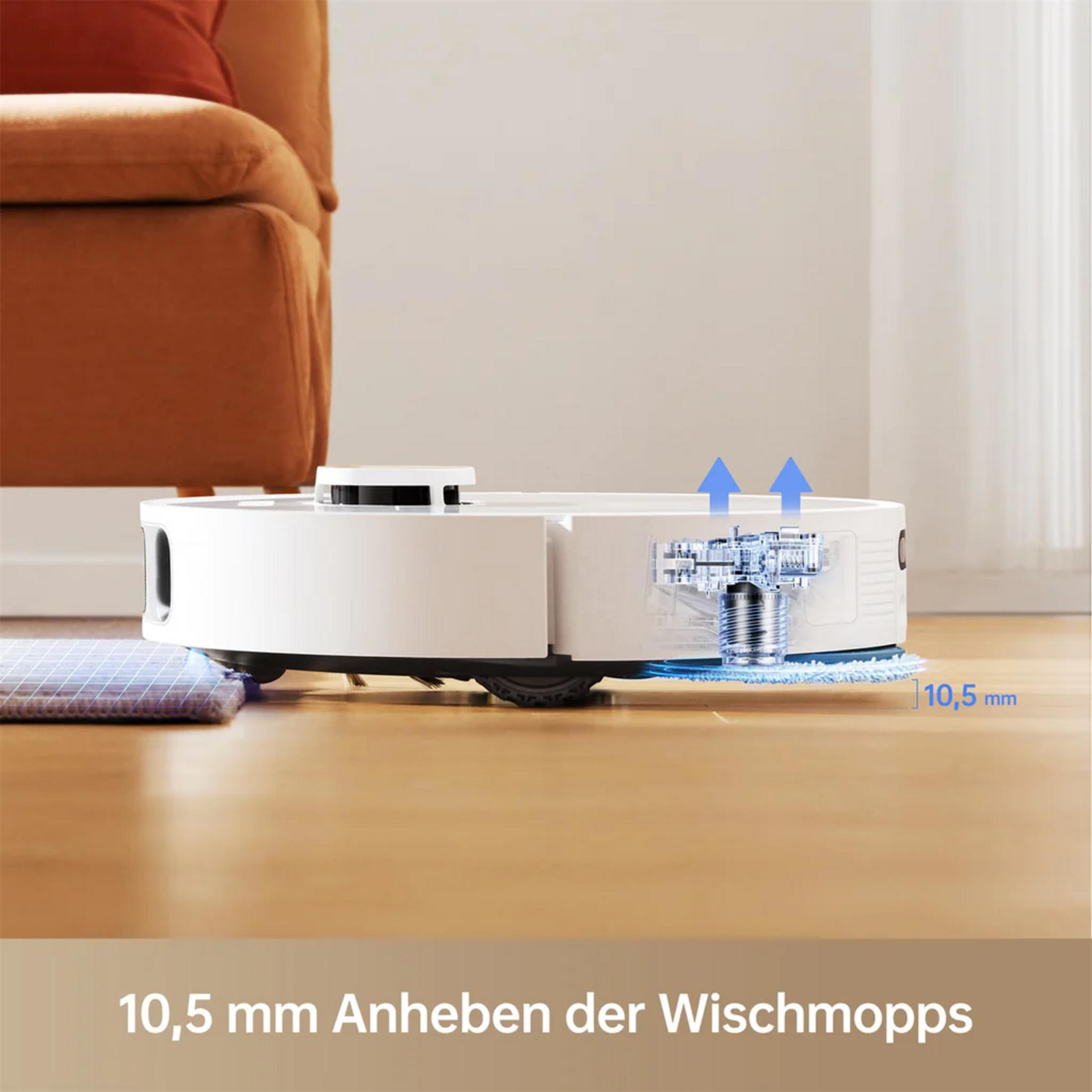 Ein weißer Saugroboter mit Wischfunktion auf einem Holzboden.