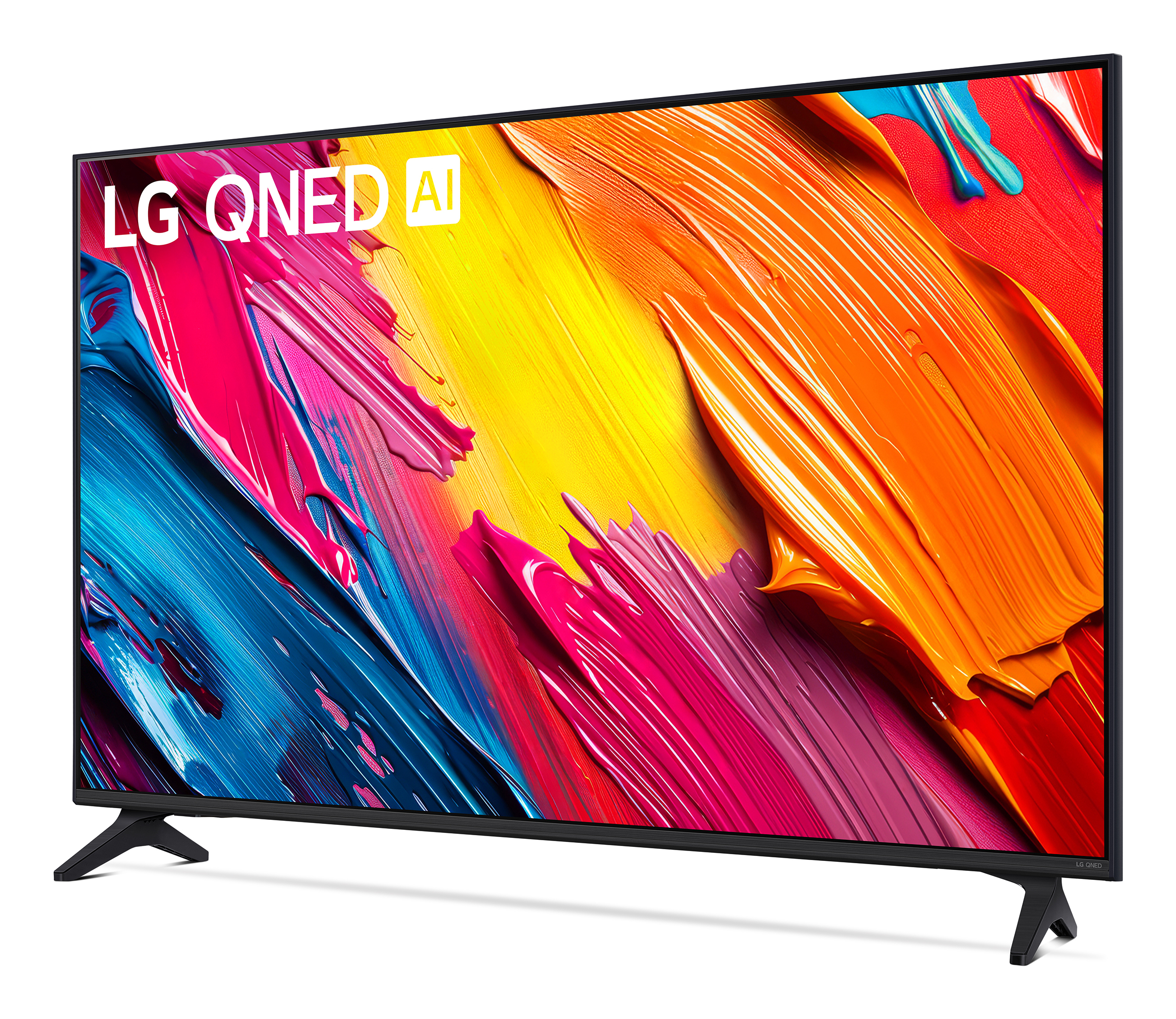 Telewizor LG QNED AI wyświetlający żywe, abstrakcyjne treści.