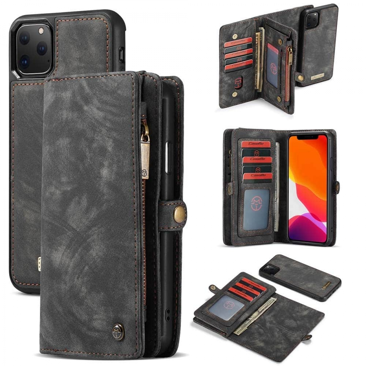 Graue Brieftaschen-Handyhülle mit Kartenfächern, Reißverschluss und einem Telefon.