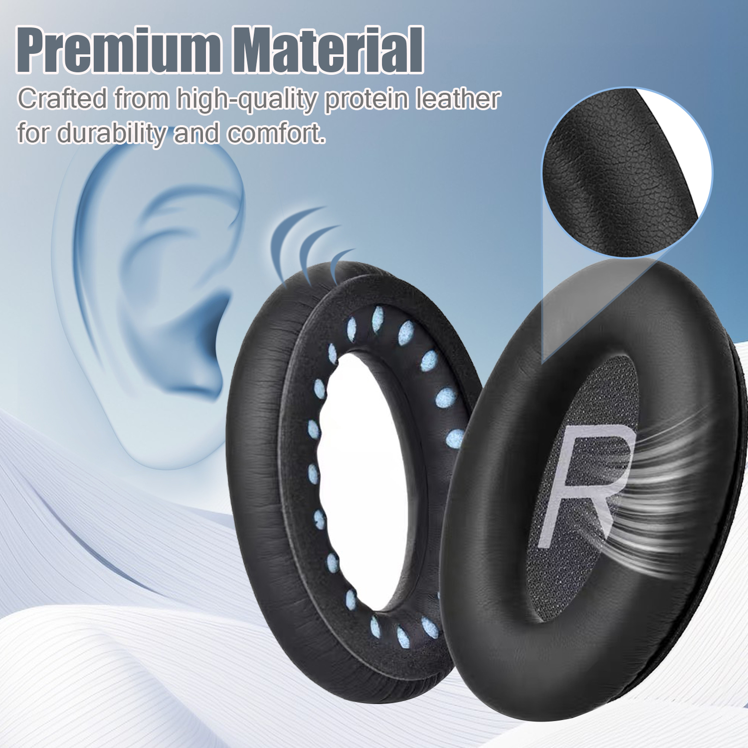 Czarne nauszniki ze skóry proteinowej z oznaczeniem R, materiał premium.