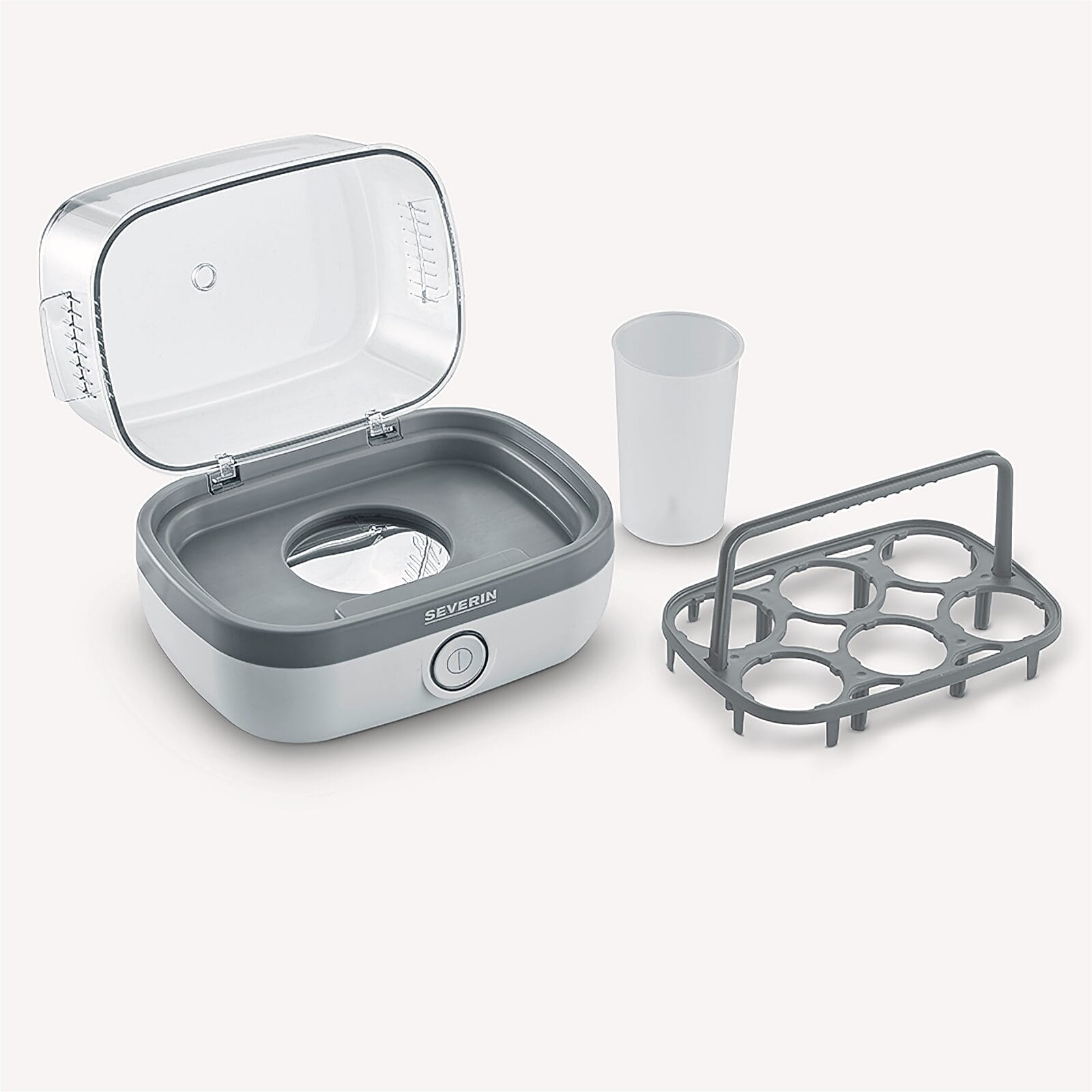 Biała i szara parowar do jajek z otwartą pokrywą, miarką i stojakiem na jajka.