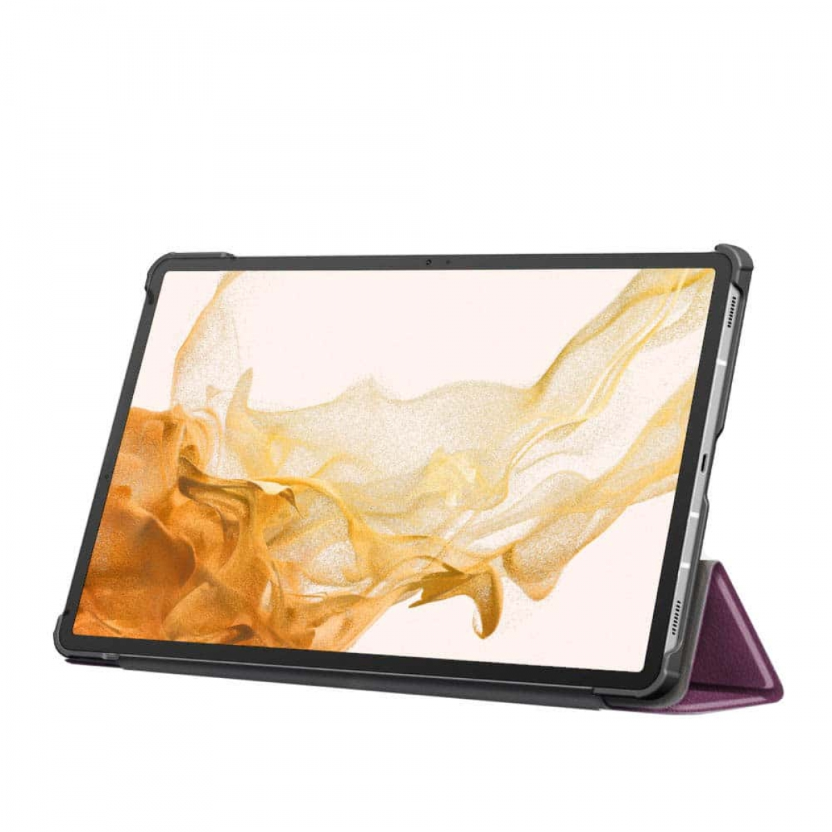 Ein Tablet in einem dunkelvioletten Ständer mit einem goldenen Muster auf dem Bildschirm.