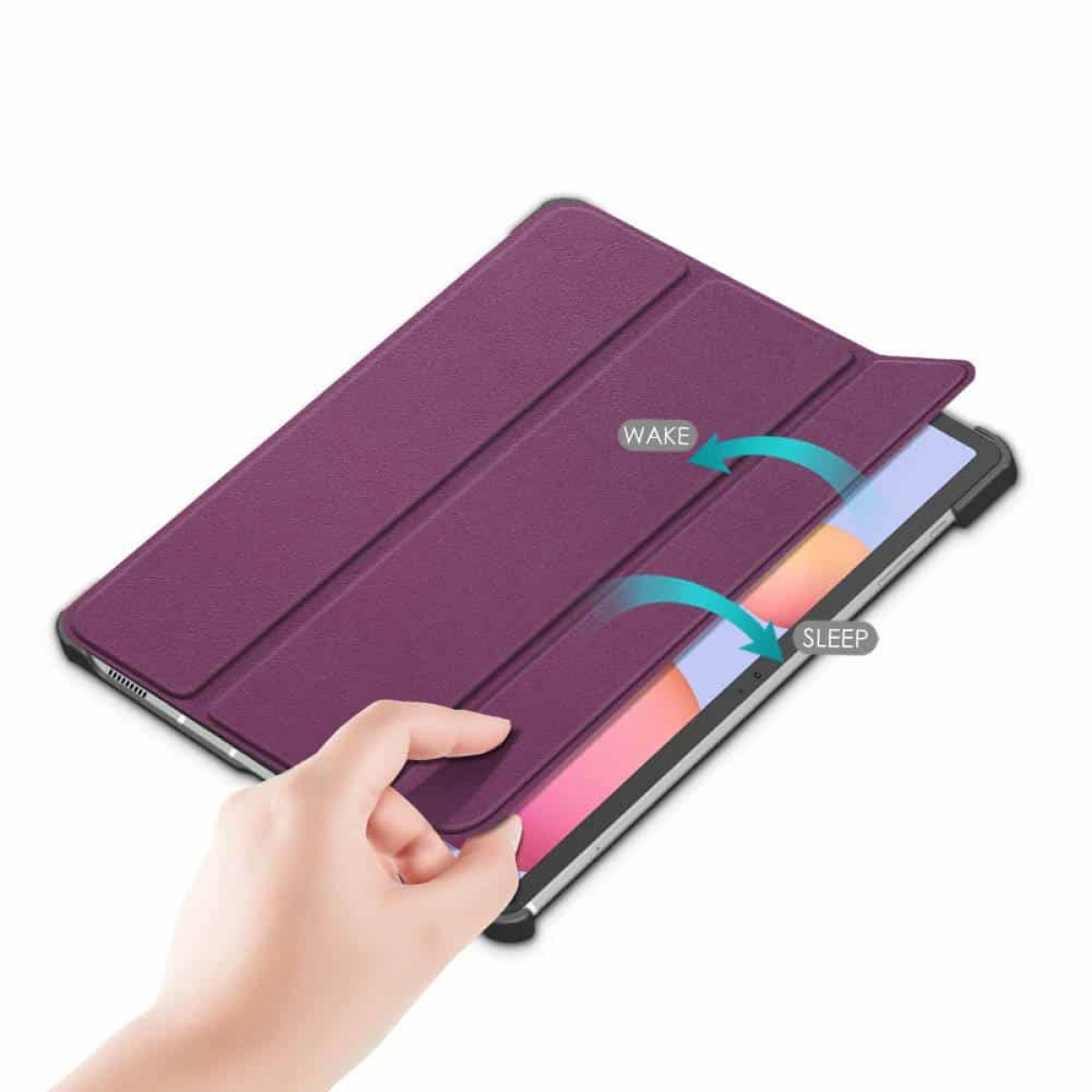 Lila Tablet-Hülle mit einem Finger, der sie öffnet, um den Bildschirm zu zeigen.