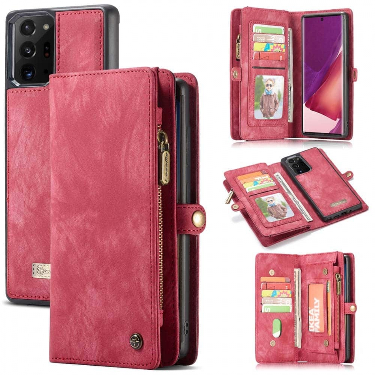 Rote Leder-Wallet-Handyhülle mit Kartenschlitzen, Fenster und Reißverschluss.