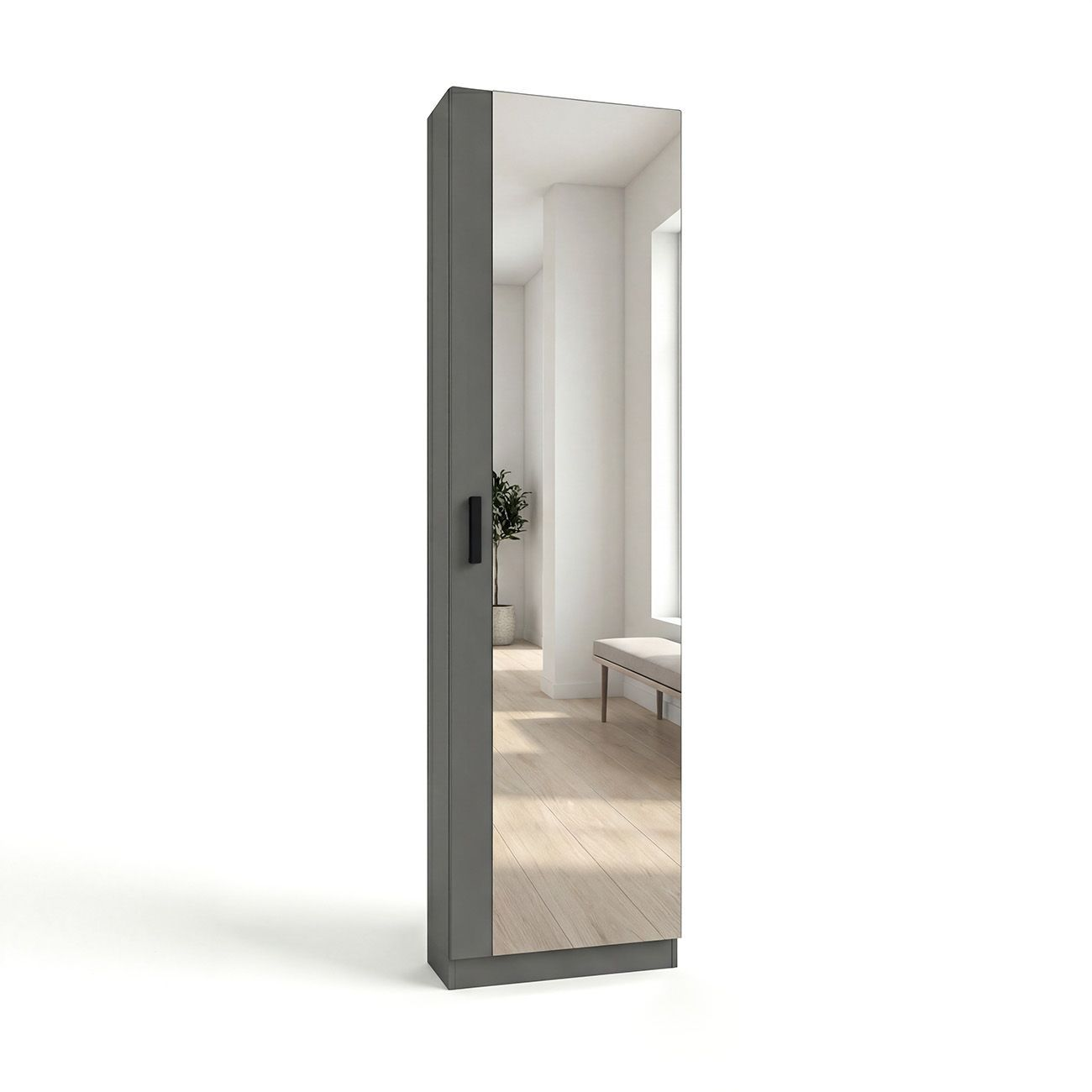 Un armario alto y estrecho gris con puerta de espejo y tirador negro.