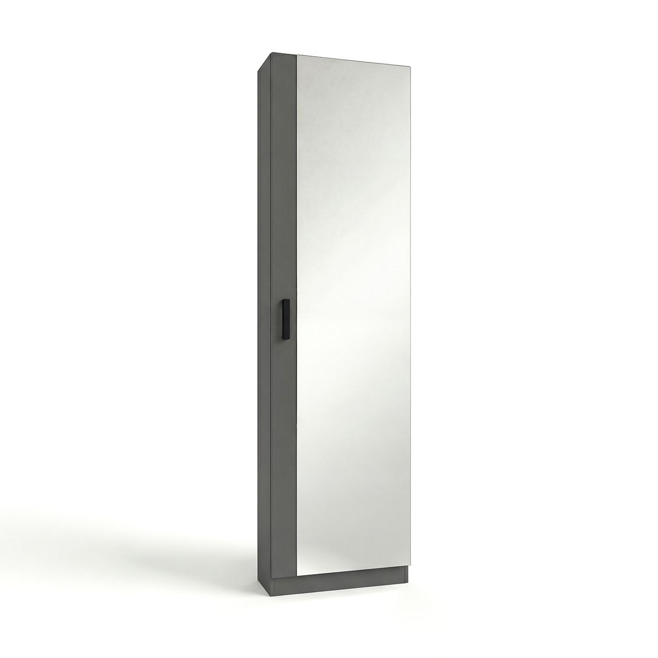 Un armario gris alto y estrecho con una gran puerta de espejo y un tirador negro.