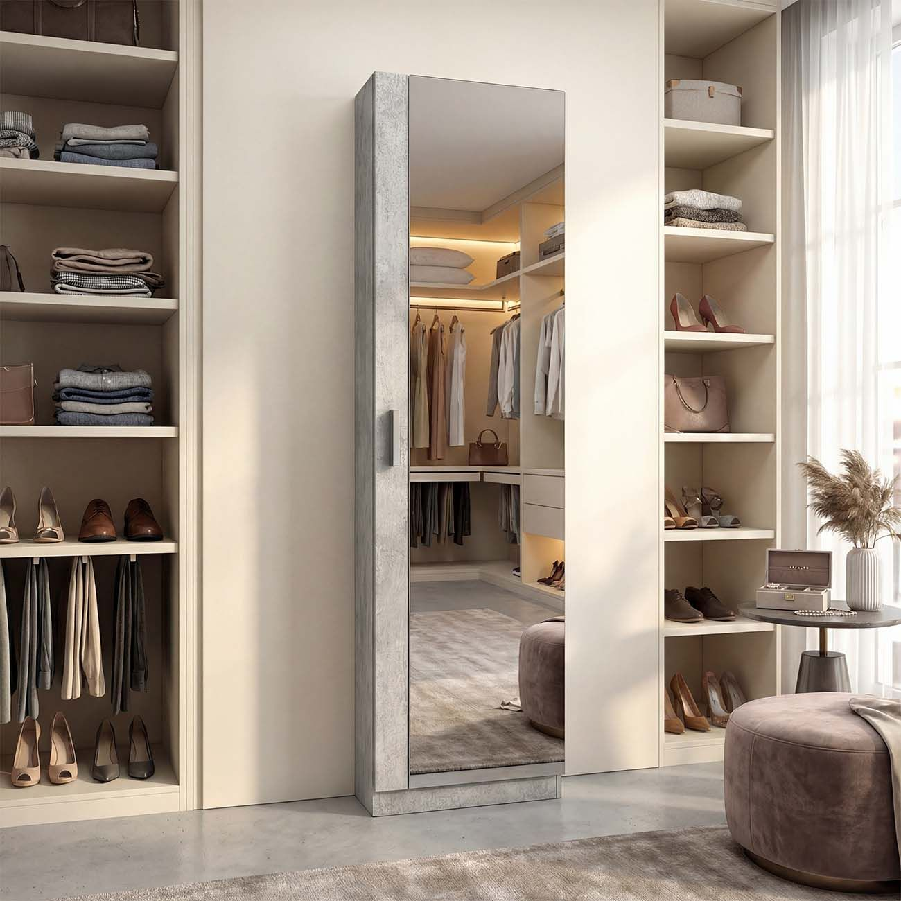 Un vestidor con espejo, estantes llenos de ropa y zapatos.