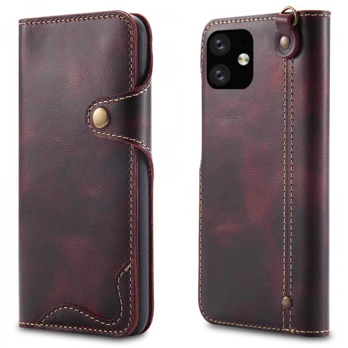 Dunkelbraune Lederhülle für ein Smartphone, Vorder- und Rückansicht.