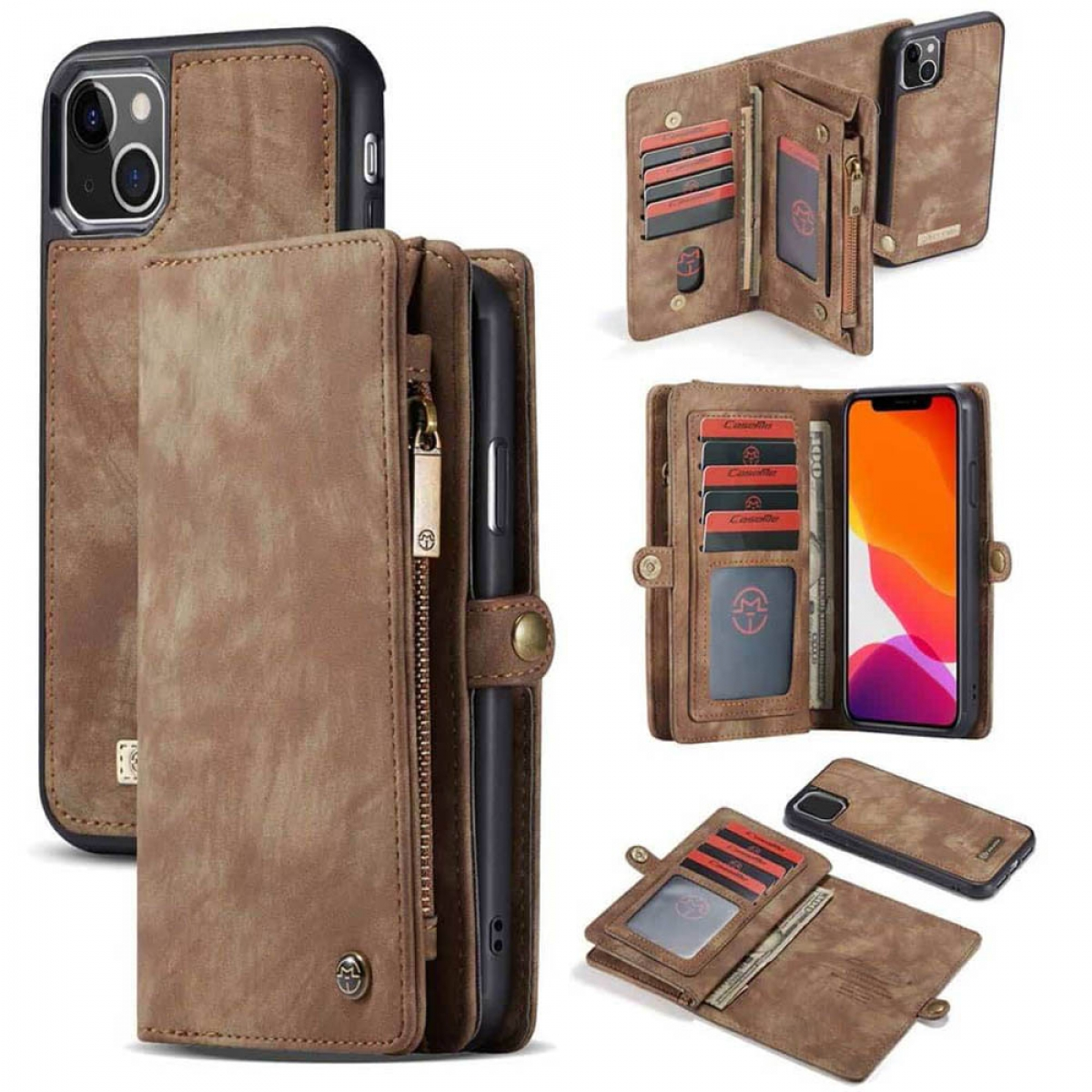 Braune Leder-Wallet-Hülle für das iPhone, zeigt Kartenfächer, Reißverschlusstasche und Telefon.