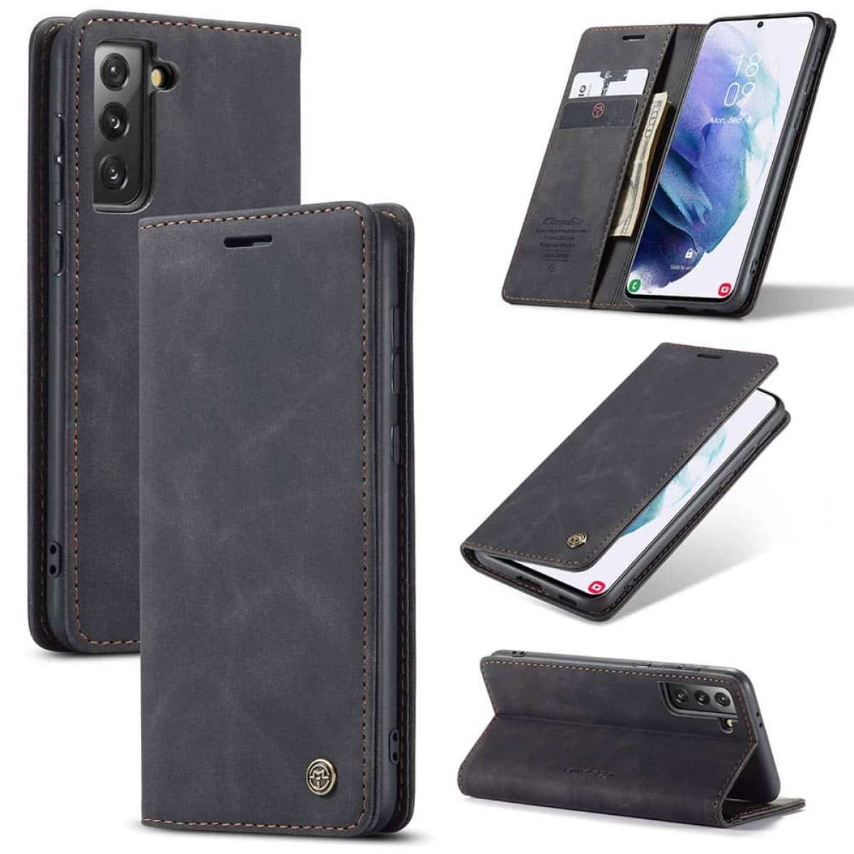 Dunkelgraues Leder-Flip-Case für ein Smartphone mit Kartenschlitzen.