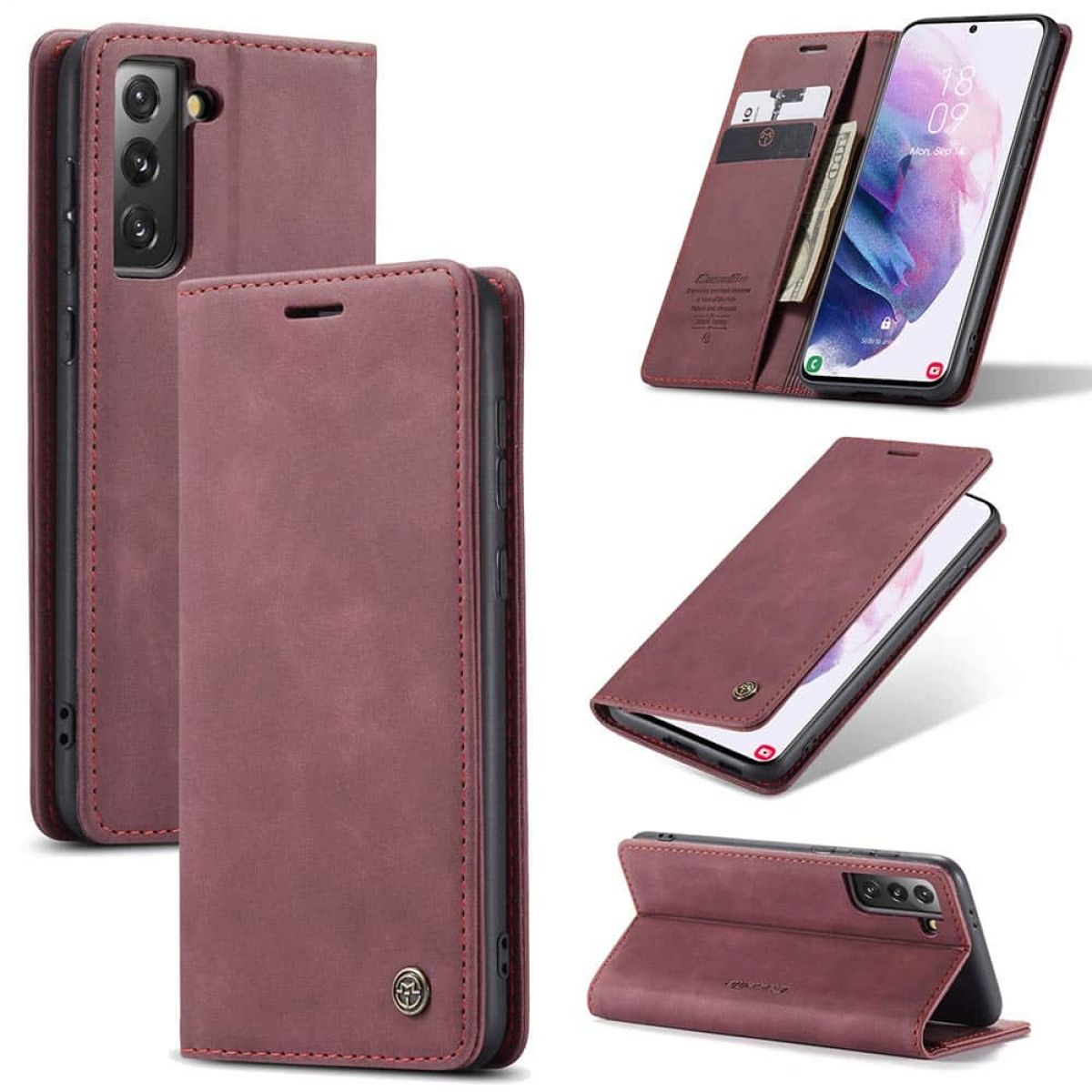 Ein burgunderrotes Handycover mit roten Nähten, das verschiedene Ansichten zeigt.
