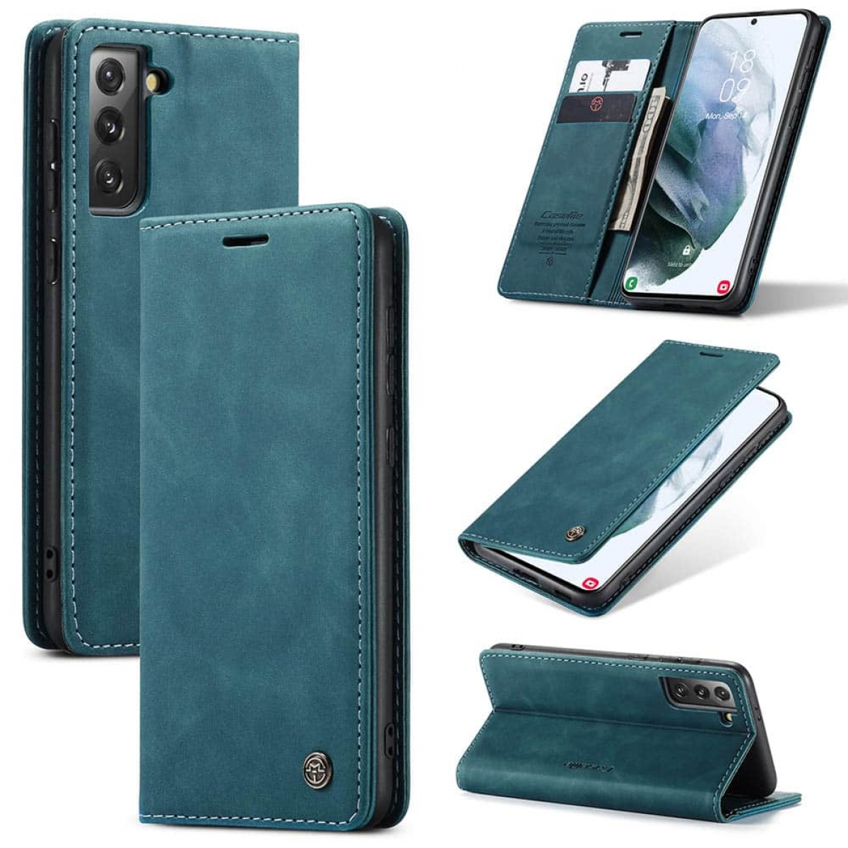 Blauer Leder-Handy-Flip-Case mit Kartenfächern und Ständerfunktion.
