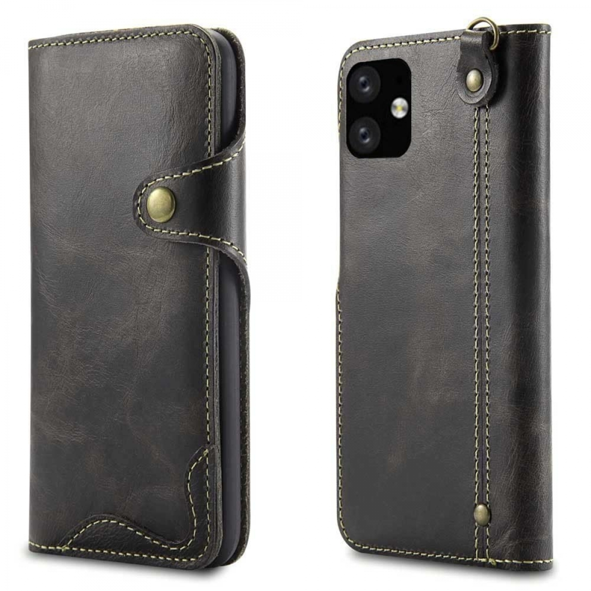Schwarzes Leder-Flip-Case für ein Smartphone, vorne und hinten gezeigt.