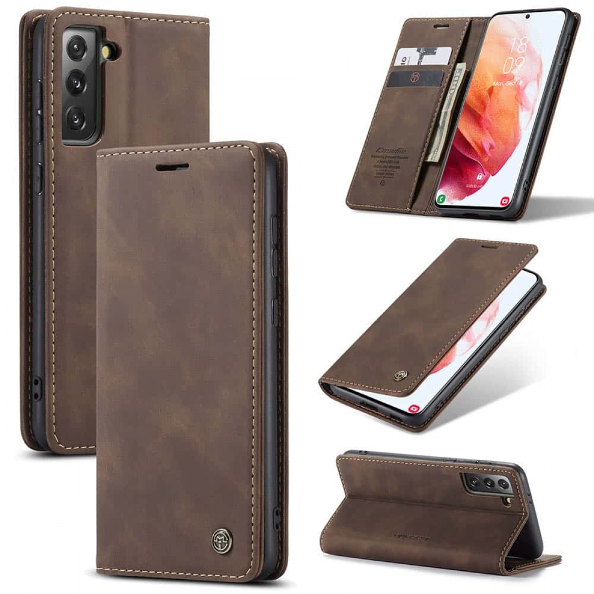 Braune Lederhülle für ein Smartphone mit Kartenfächern und Ständerfunktion.
