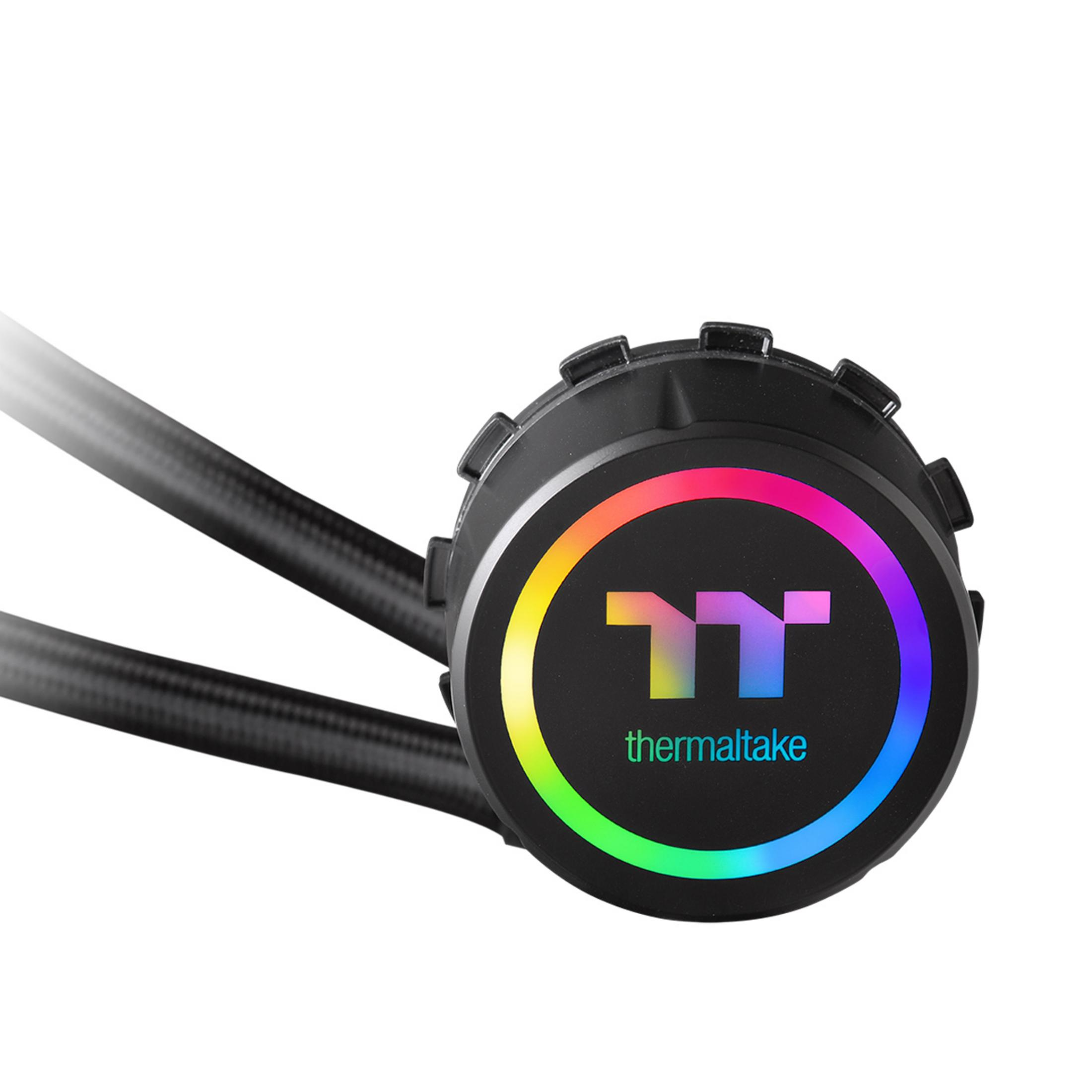 Ein schwarzer Thermaltake-Kühler mit RGB-Beleuchtung und zwei Schläuchen.