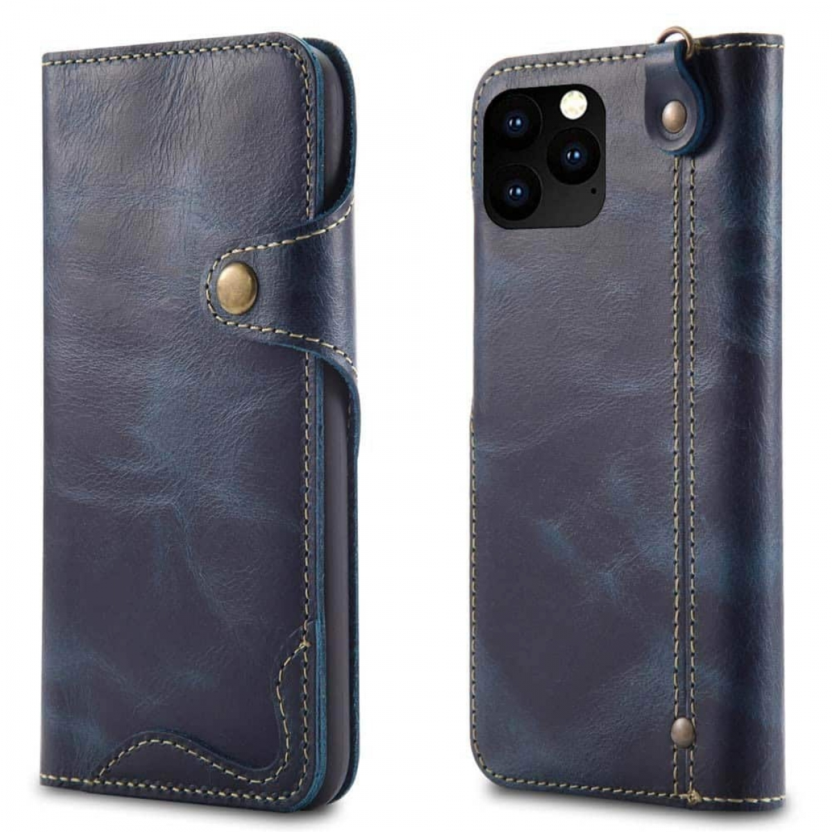 Dunkelblaue Leder-Handyhülle mit Nähten und Druckknopfverschluss.