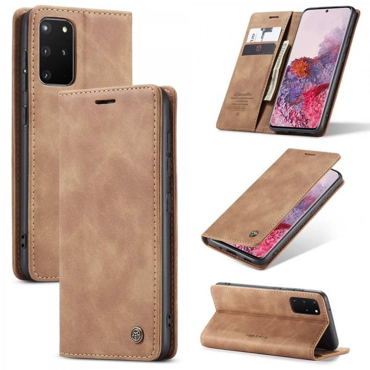 Braune Lederhülle für ein Smartphone mit mehreren Ansichten. Zeigt das Innere mit Kartenfächern.