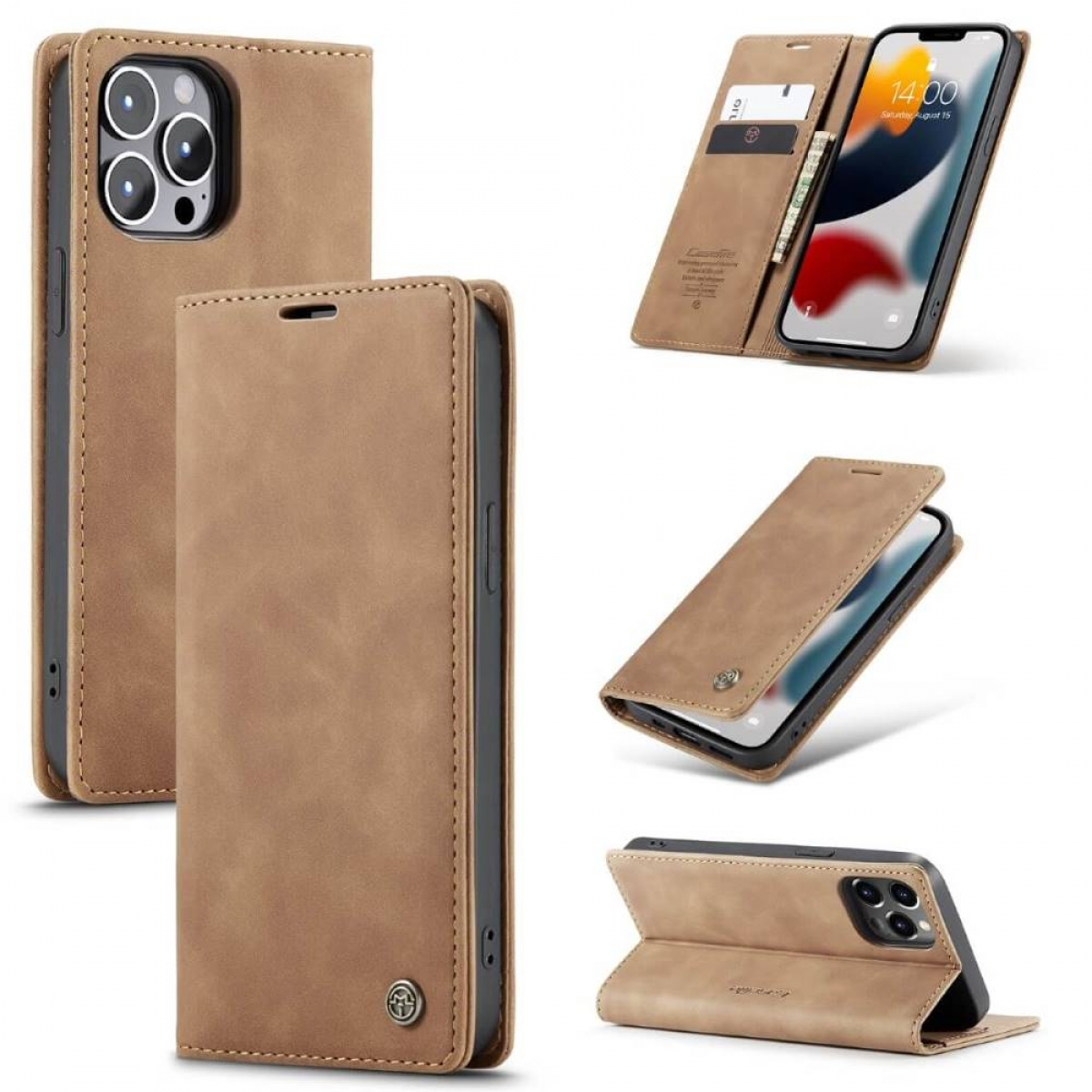 Braune iPhone-Hülle mit mehreren Ansichten, die das Telefon und die Kartenfächer zeigt.