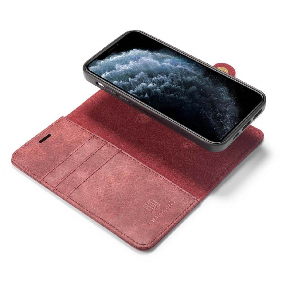 Ein rotes Leder-Smartphone-Etui mit einem Handy und Kartenfächern.