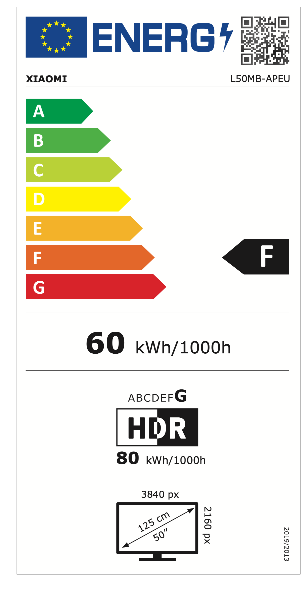 Etykieta energetyczna TV Xiaomi: Klasa F, 60 kWh/1000h. HDR: 80 kWh/1000h.