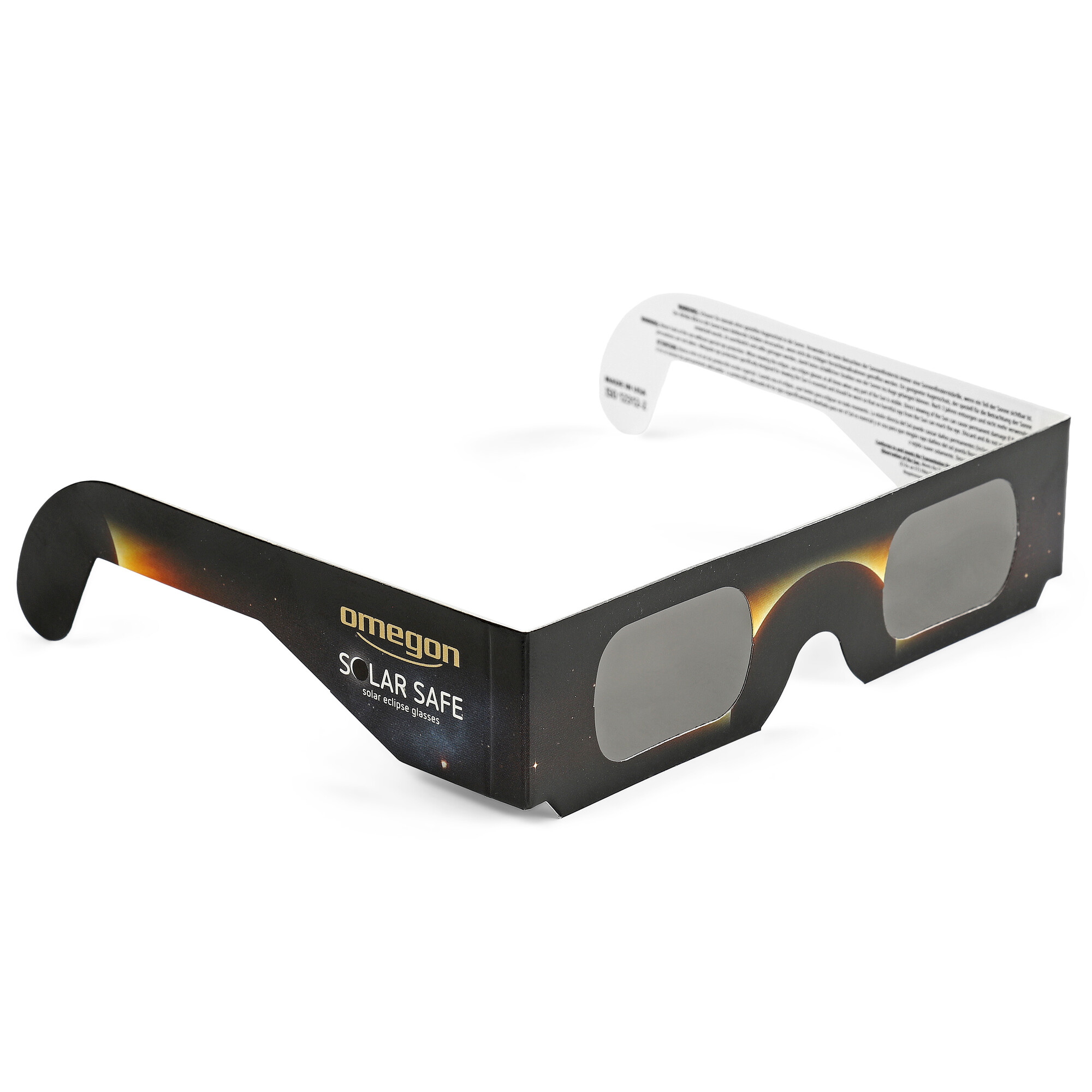 Solar-Eclipse-Brille mit schwarzem Rahmen und Sternenmotiv.