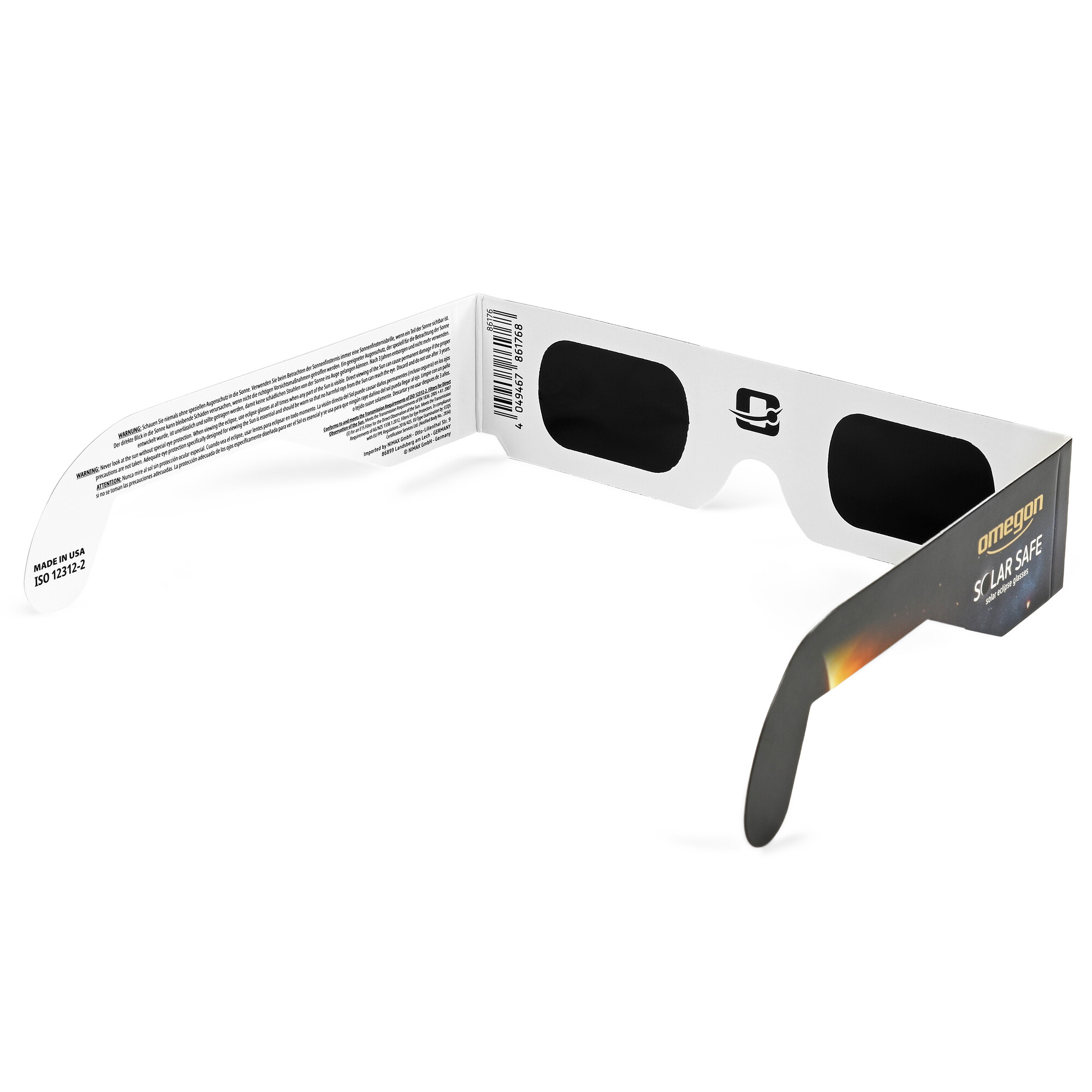 Weiße Solar-Eclipse-Brille mit schwarzen Gläsern und Aufdruck.