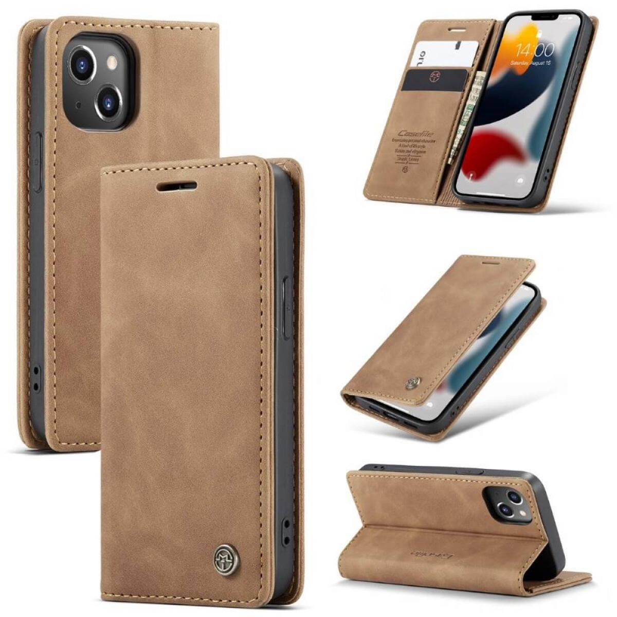 Braune Handyhülle mit Kartenfächern und Ständerfunktion für ein Smartphone.
