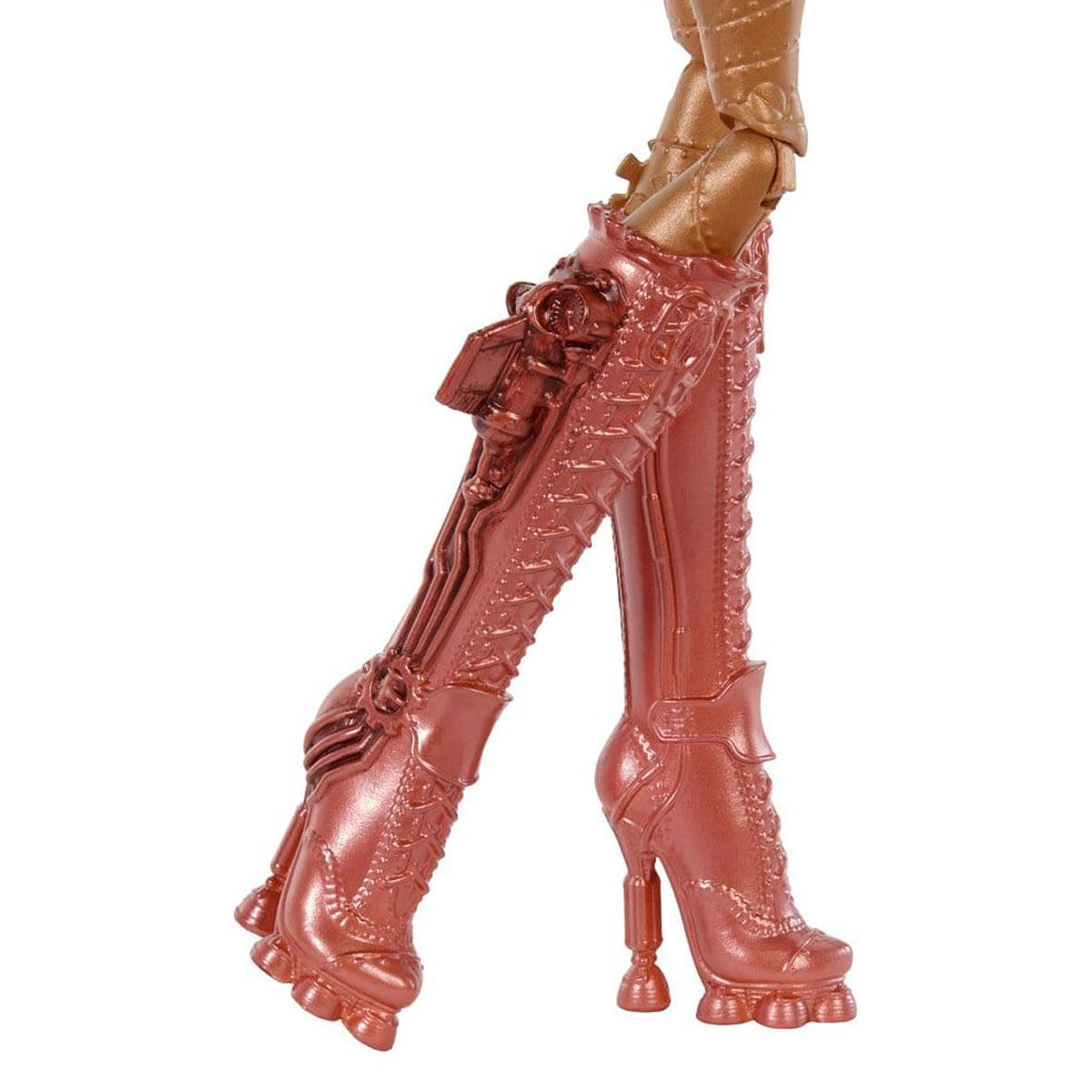 Bronzefarbene Stiefel mit Schnallen und Details im Steampunk-Stil.